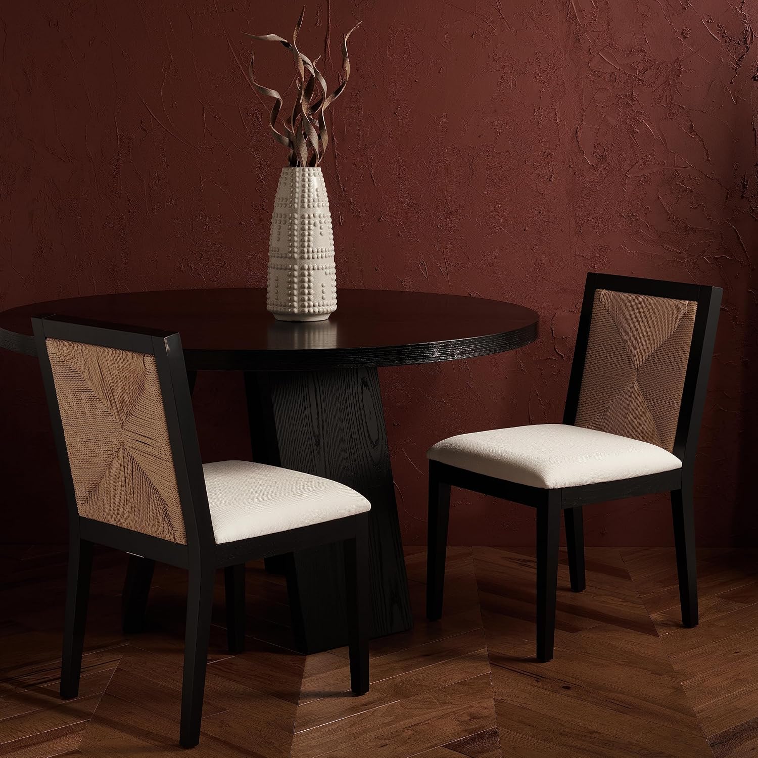 SAFAVIEH Couture Collection Emilio Black/Natural Woven Solid Wood Dining Chair Set of 2 (Fully Assembled)