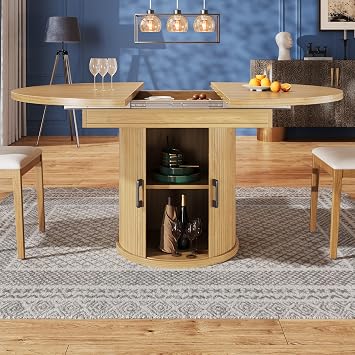 Extendable Dining Table, 118-158cm Round Kitchen Table with Cabinets and Doors, Modern Multifunctional Kitchen Furniture with Storage Space & Shelves, Extends to Oval (Natural)