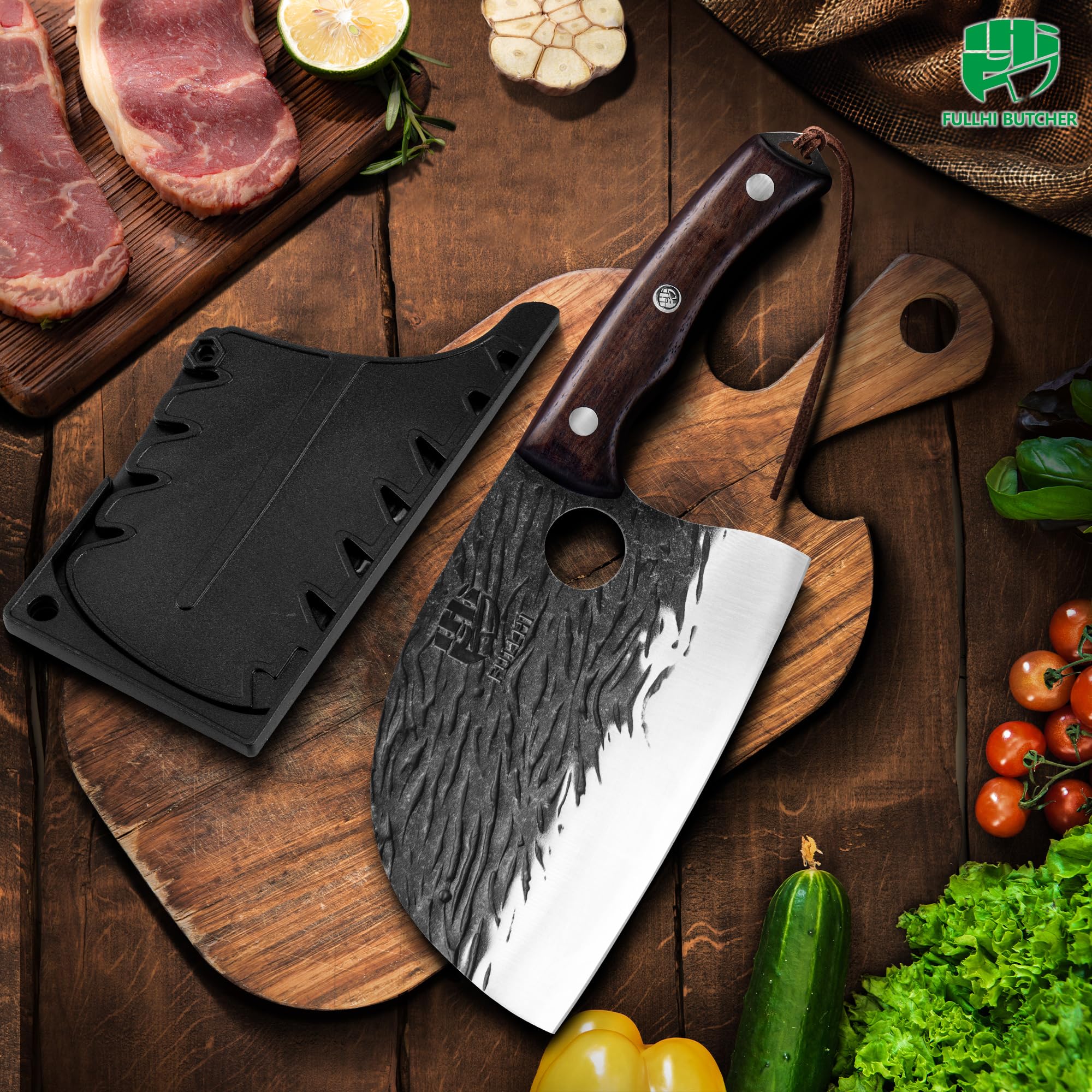 FULLHI 2pcs Coltello da macellaio con fodero, coltello da cuoco serbo Tang, coltello da verdure con mannaia in acciaio al carbonio per esterno, campeggio (Marrone, Coltello da cuoco serbo)