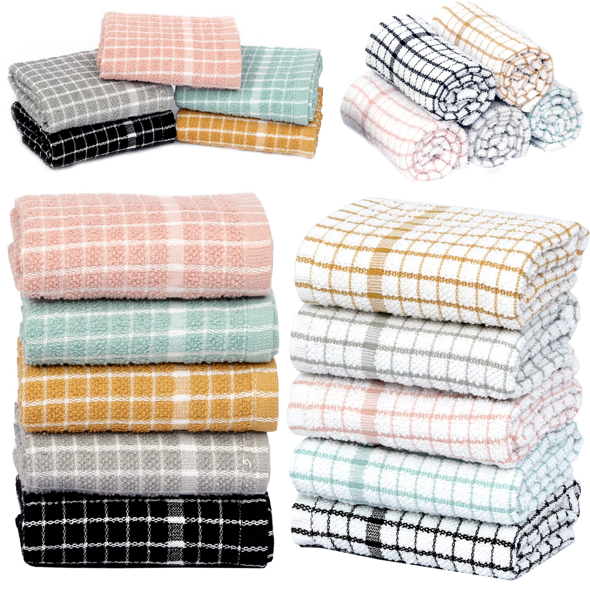 Loom Knit Terry Tea Towels Kitchen Cloths 100% Egyptian Cotton Flour Sack Wonderdry Waffle Weave Pair of Golden Check and Golden Fabric Super Soft and Absorbent, Dish Cleaning Sand Bar Towel- 65x45