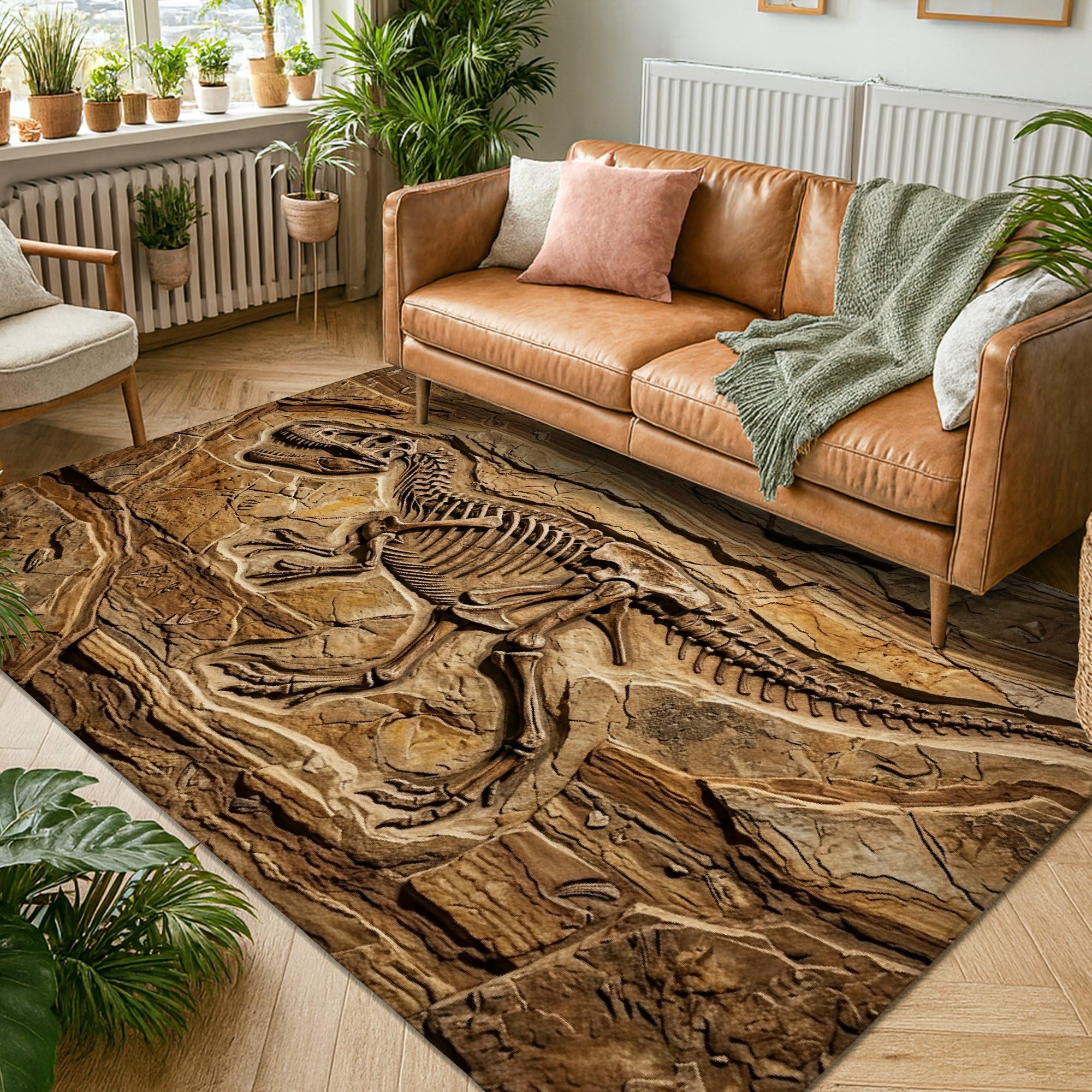 Alfombra de área de dinosaurio, esqueleto fósil rústico natural, ninguno marrón, esponja de pelo bajo, suave, rectangular, resistente a las manchas, para sala de estar, dormitorio, pasillo, escritorio