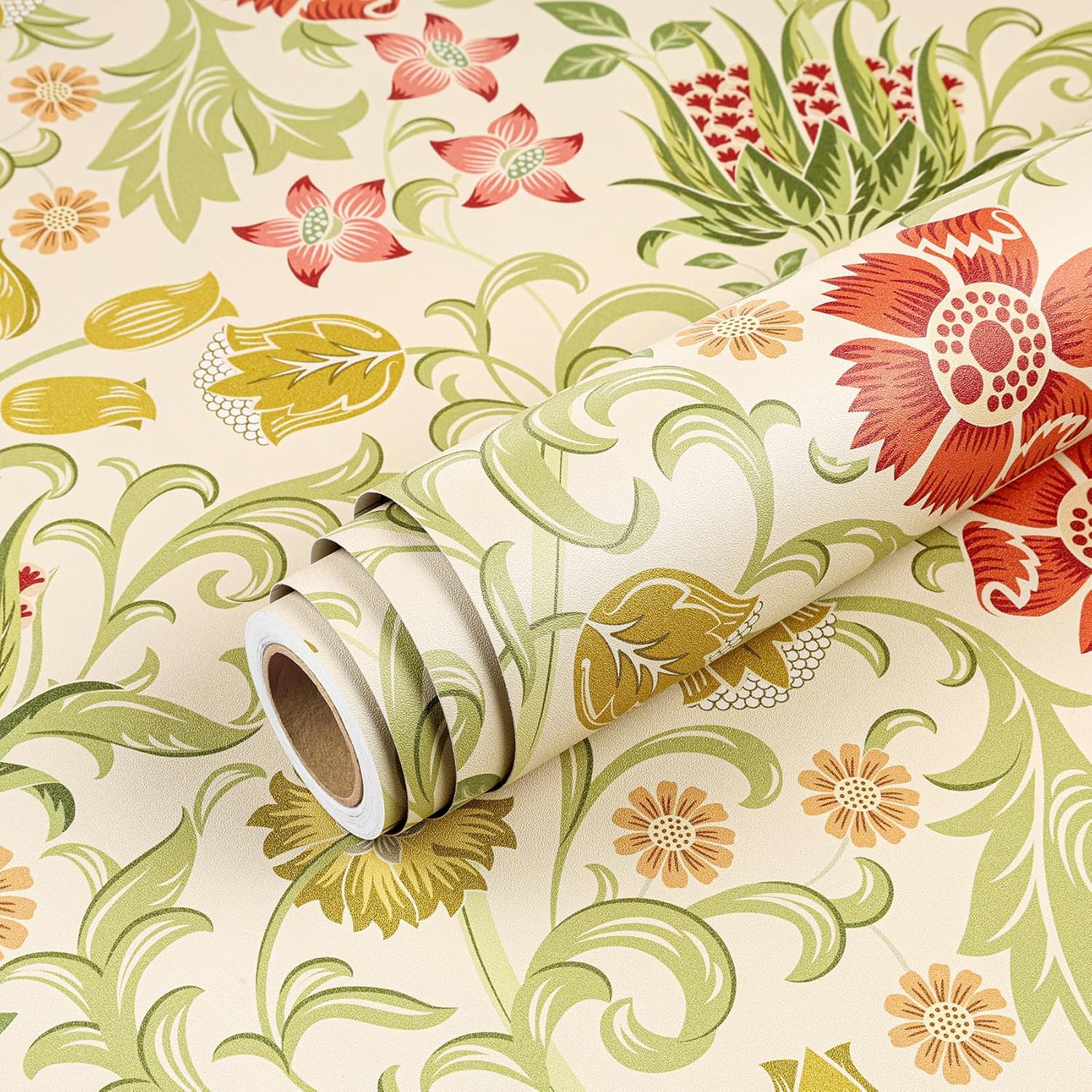 Livelynine 17.5x276 Floral William Morris Peel and Stick Wallpaper Light Colored Floral Wall Paper for Bathroom Kitchen Boho Flower Contact Paper Gold Pink Sage Green Beige Yellow Tulip Honeysuckle