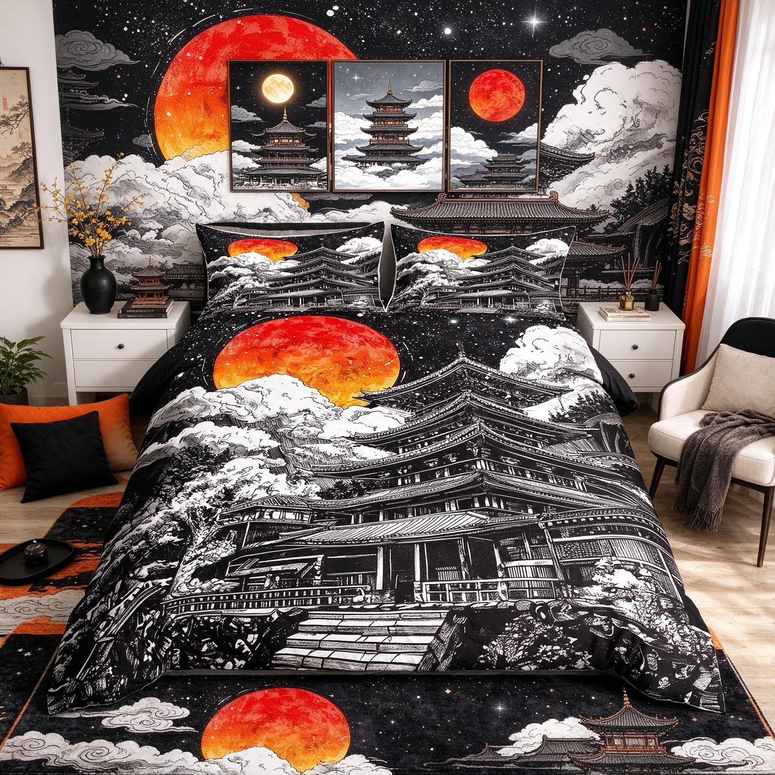 Loussiesd Japanese House Duvet Cover Set Super King Size Japanese Vintage Building Bedding Set Kids Boys Girls Japanese Architecture Sunset Duvet Cover with 2 Pillowcases Japanese Style Beds Set — image 1