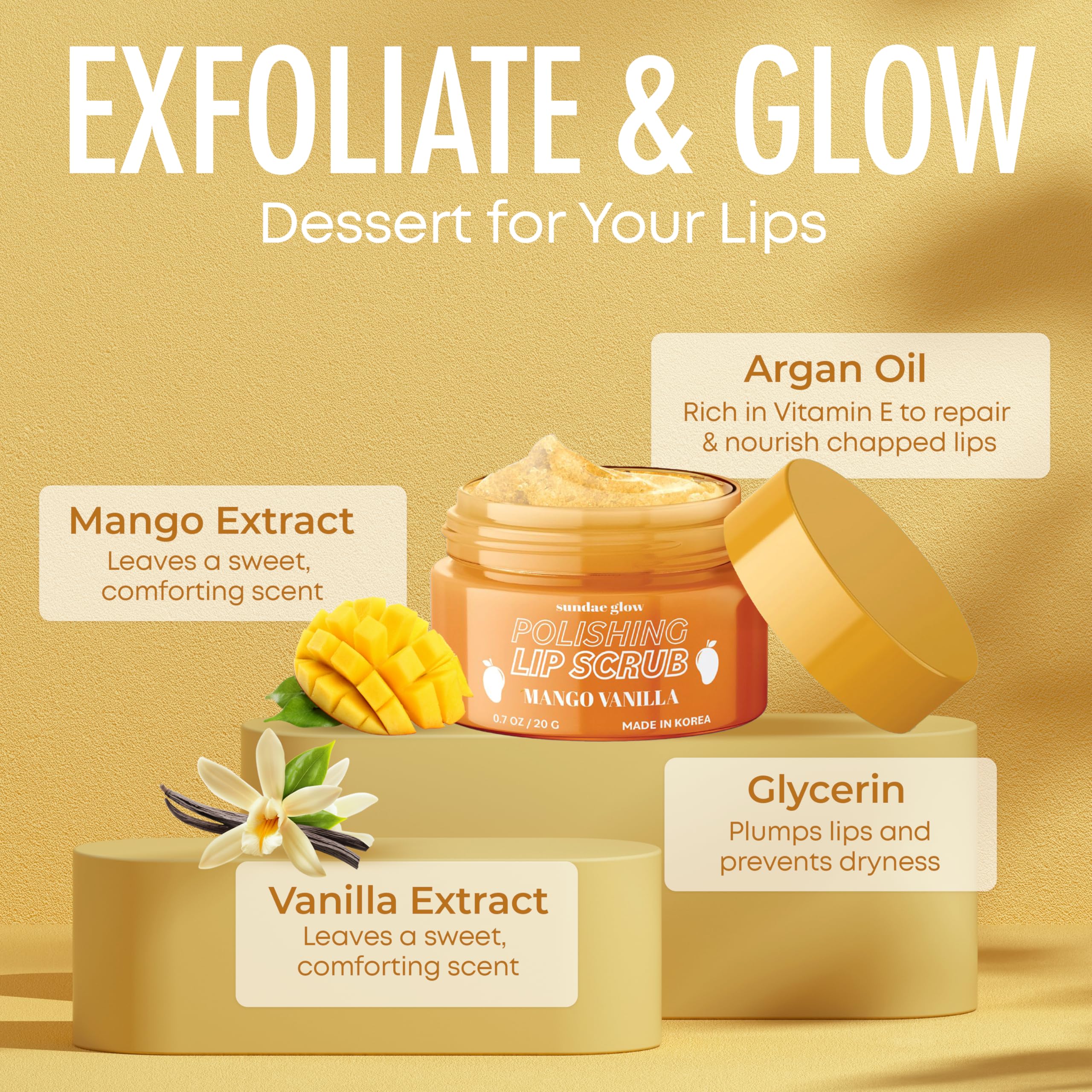Sundae Glow Exfoliante labial Mango Vanilla – Dermatológicamente probado, antienvejecimiento, cuidado de la piel coreano, exfoliación profunda e hidratación – Labios suaves, regordetes – Belleza 4