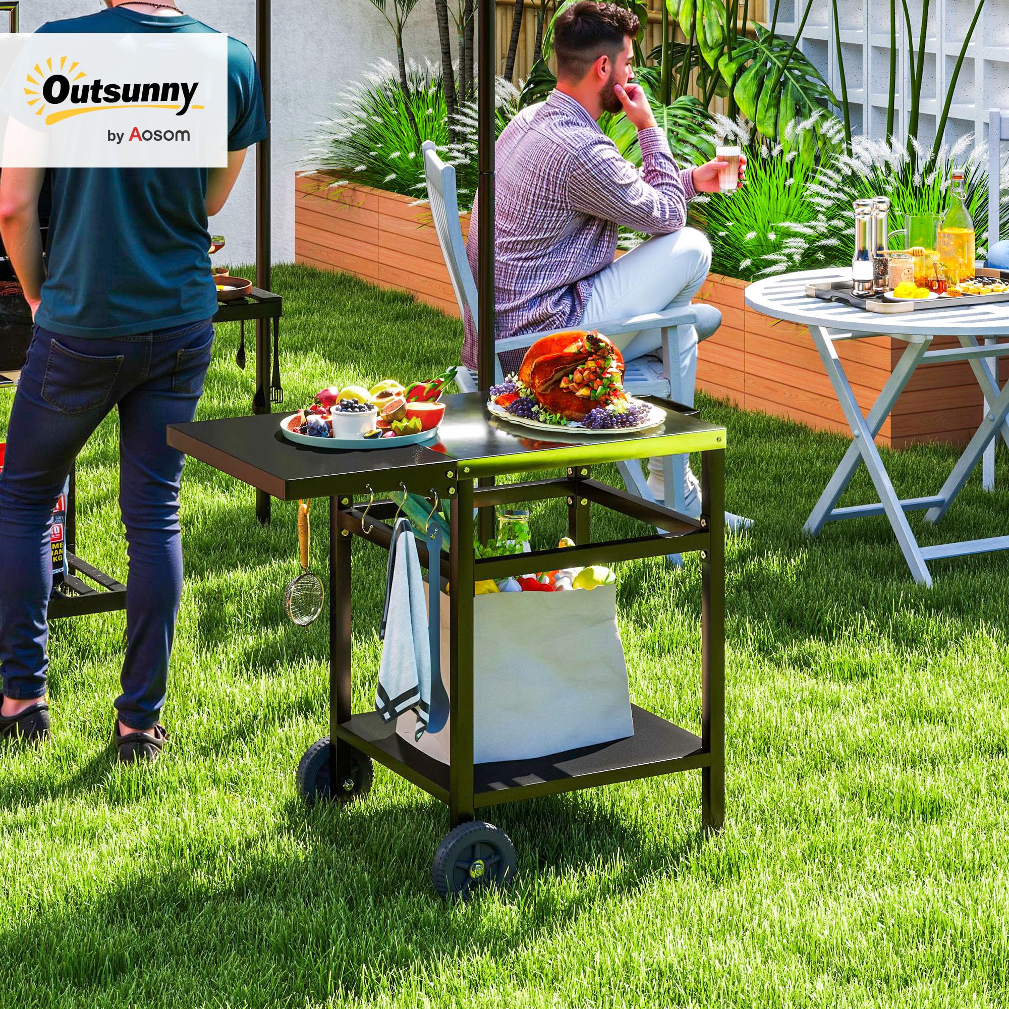 Outsunny Carrito de Barbacoa Superior de Acero Inoxidable con Estante Plegable, Mesa de Cocina Exterior para Horno de Pizza con Ruedas, Asa, 6 Ganchos y Tapa Protectora, 91x58x76 cm, Negro