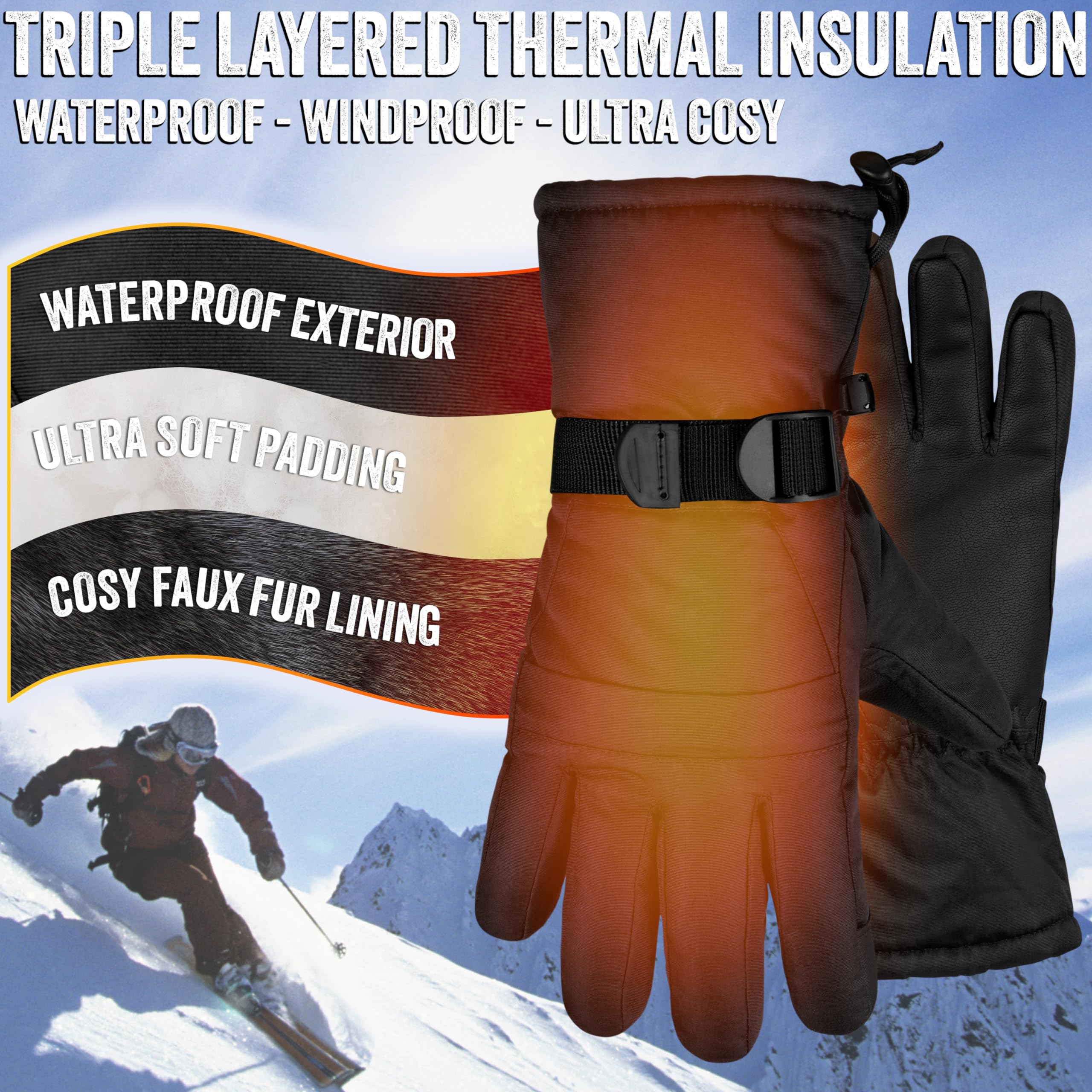 CityComfort Gants De Ski Homme L/XL - Chauds Imperméables Écran Tactile Hiver