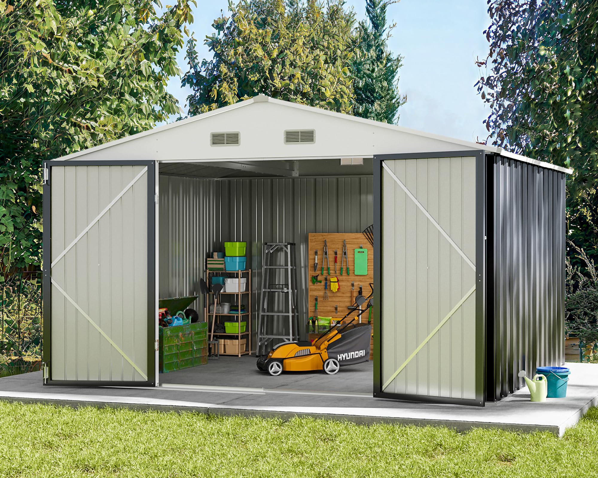 Greesum Metal Outdoor Storage Shed 10FT x 10FT, Steel Utility Tool Shed Storage House with Door & Lock, Metal Sheds Outdoor Storage for Backyard Garden Patio Lawn (10' x 10'), Gray