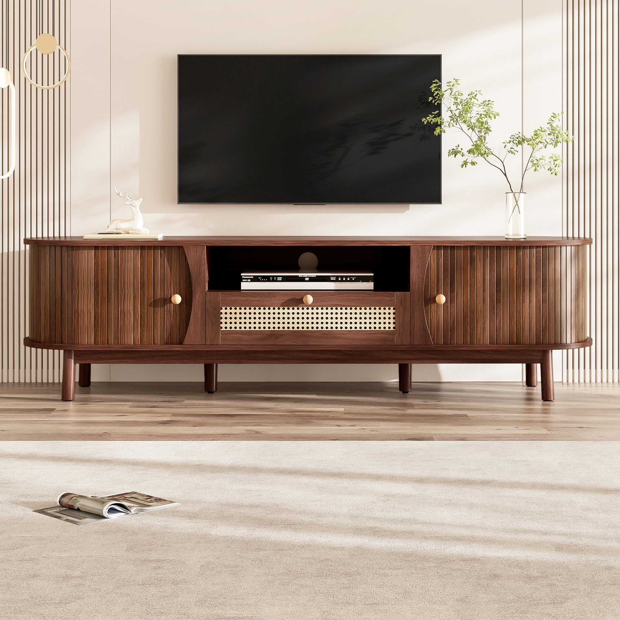Merax TV-Schrank Rattan 165x37x46 cm, Landhausstil, Massivholztüren & handgeflochtene Schubladen, offener & geschlossener Stauraum, Robustes Wohnzimmermöbel, dunkle Holzfarbe