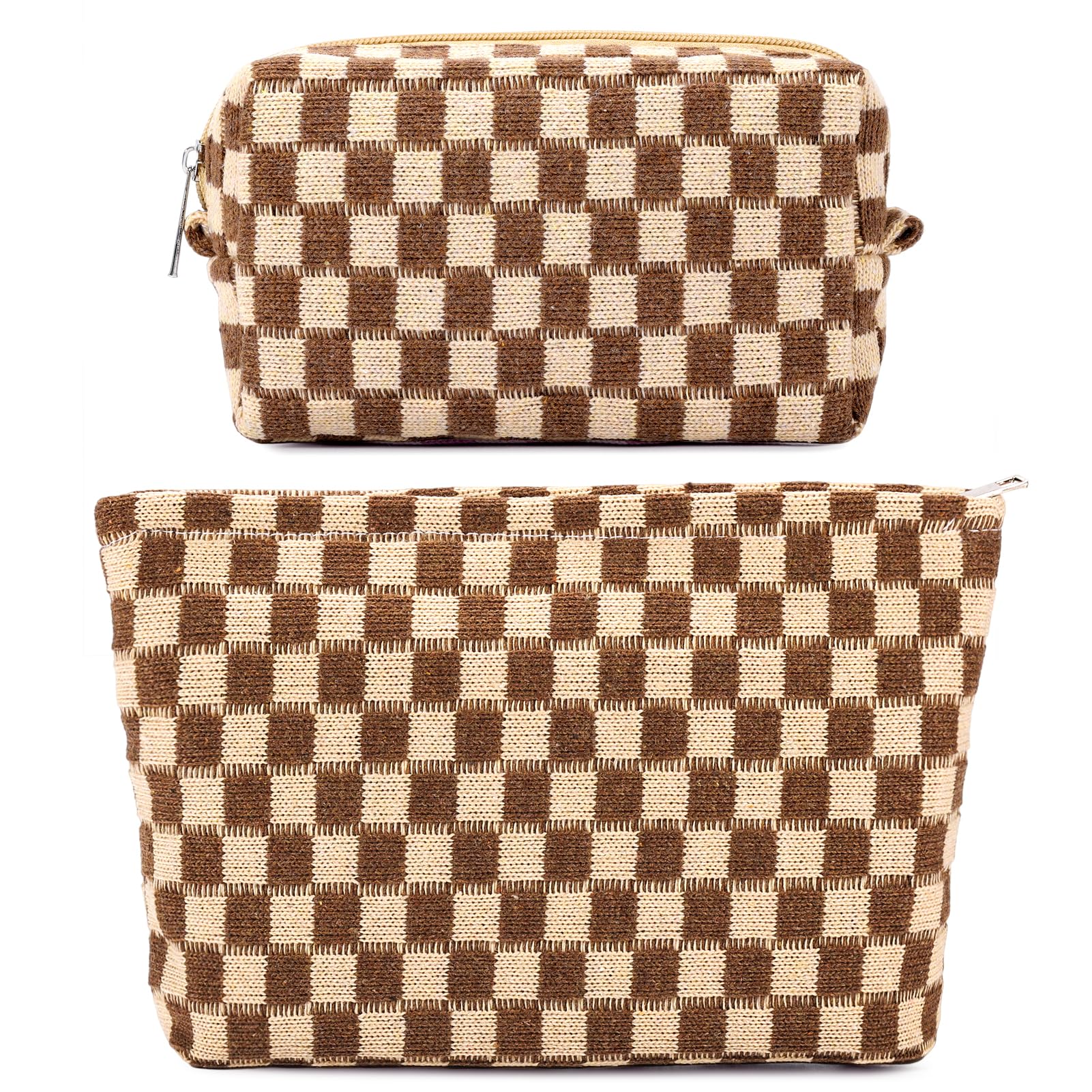 ZLFSRQ 2Pcs Checkered Makeup Bag for Women Large Small Checkered Cosmetic Bag Set Aesthetic Preppy Pencil Case Cute Pencil Pouch Brown Makeup Pouch for Purse Travel Toiletry Bags Zipper Skincare Bags