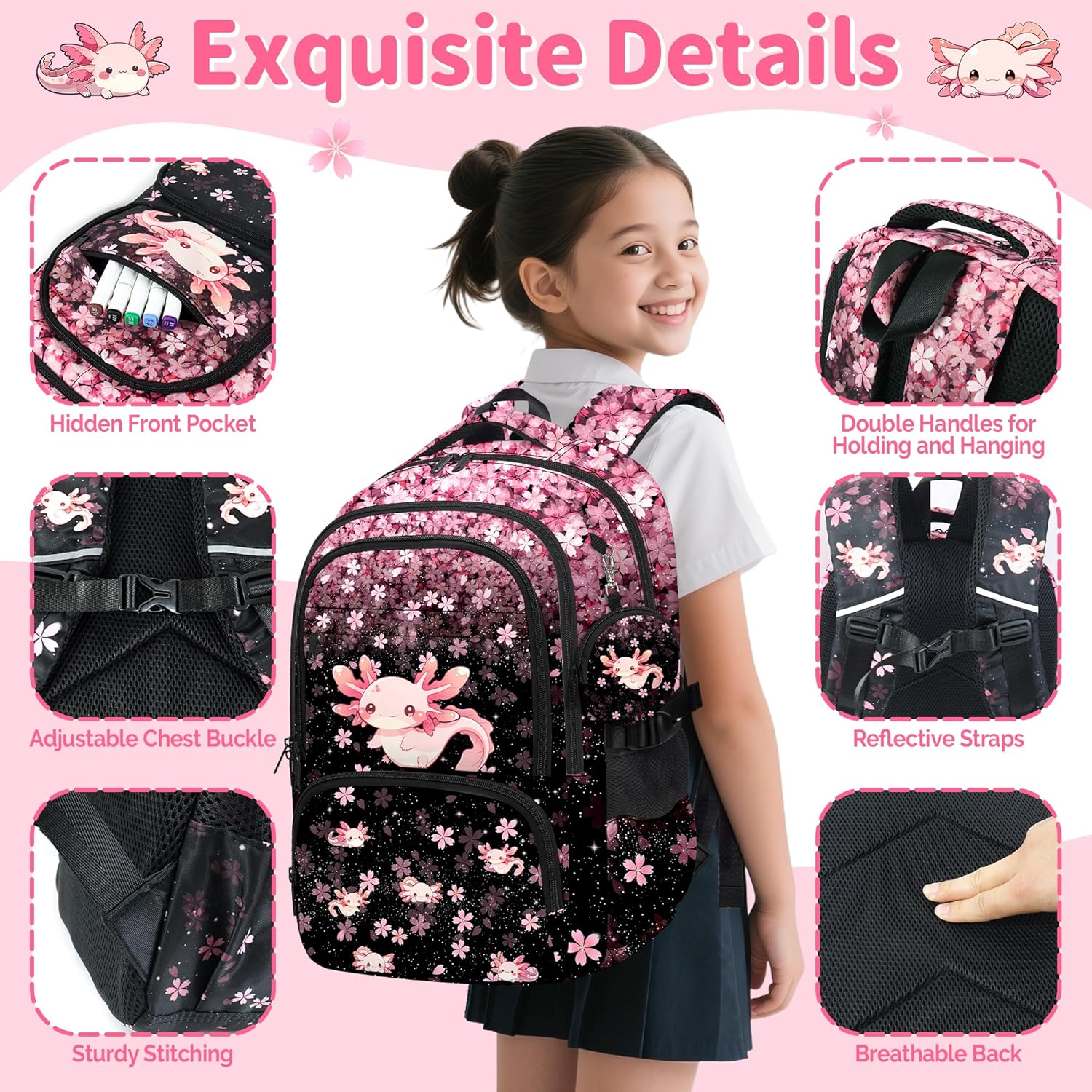Axolotl Backpack for Girls, Girls Backpacks with Lunch Box and Pencil Case for School, Kids Axolotl Bookbag