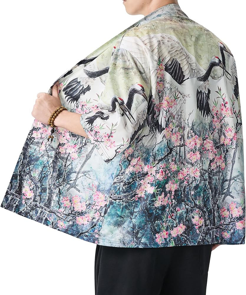 PRIJOUHE Men's Lightweight Kimono Jacket Seven Sleeve Open Front