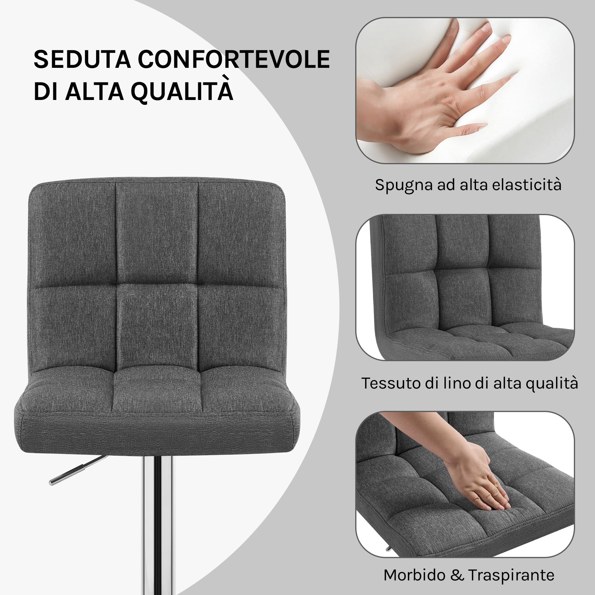 WOLTU Sgabello bar, con Schienale, Regolabile, Lino, Grigio Scuro
