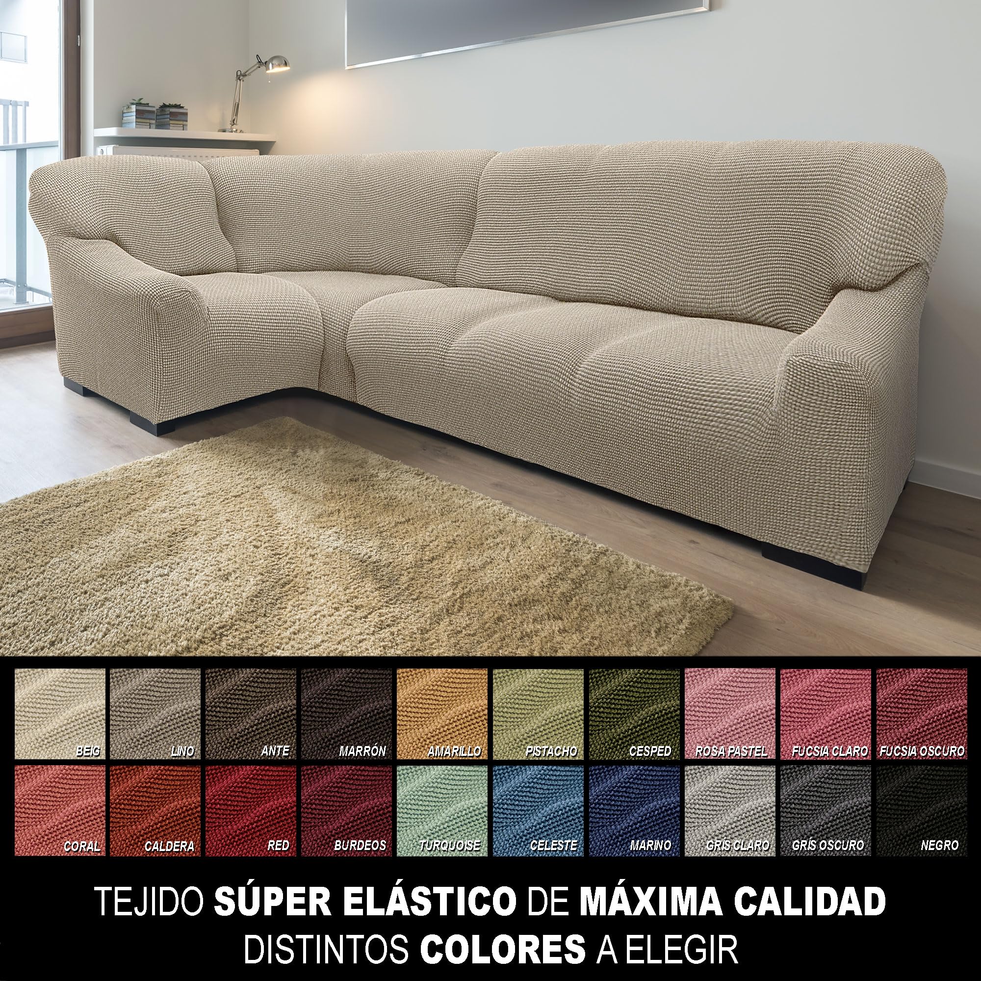 FAVERTI® Funda Rinconera Super Elástica de 3,4 a 5,4 Metros | Modelo NOVELE | Beige | Funda Protectora Sofá esquinero | Protector de Calidad de Tejido Jacquard Tacto algodón