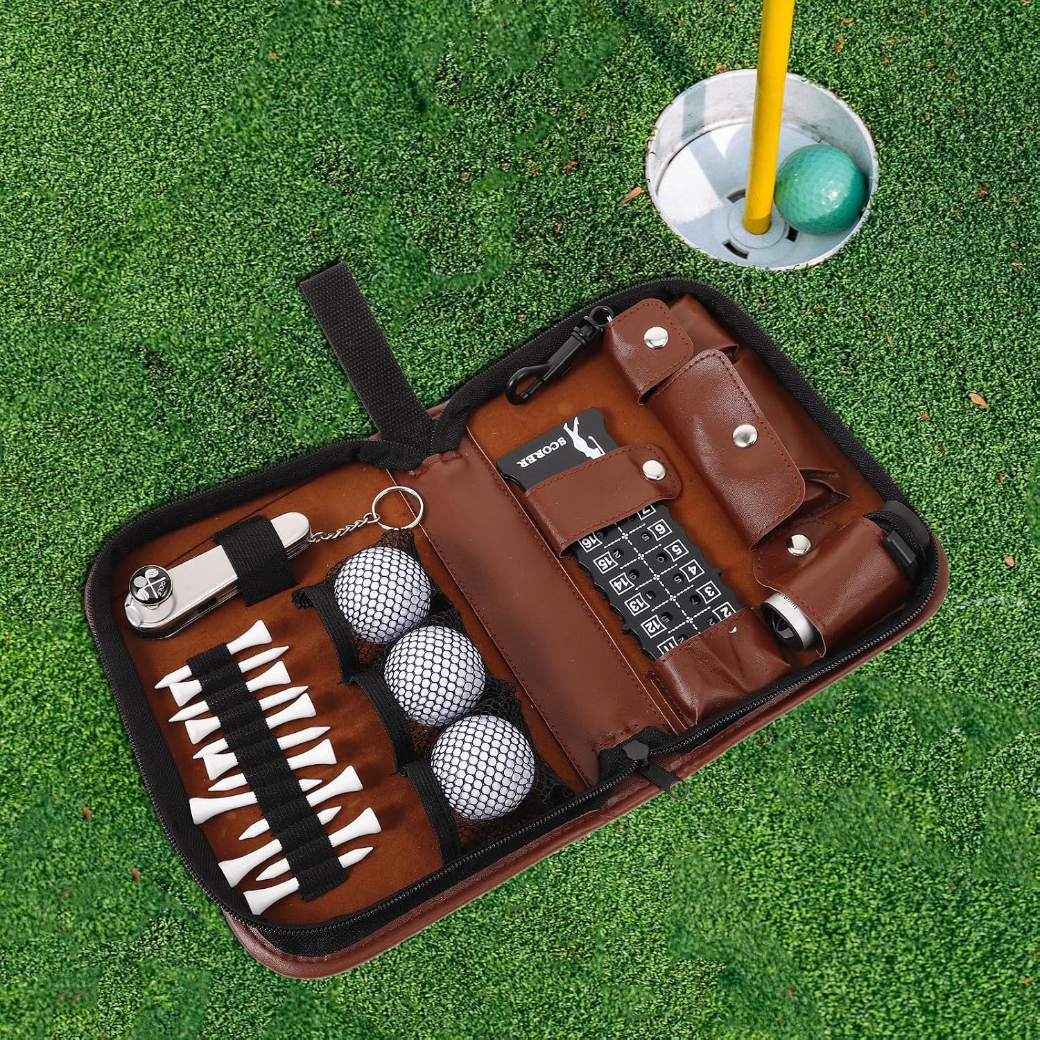 YARNOW Golf Accessories Set with Portable Ball Bag, Sleek Coffee PU image 5