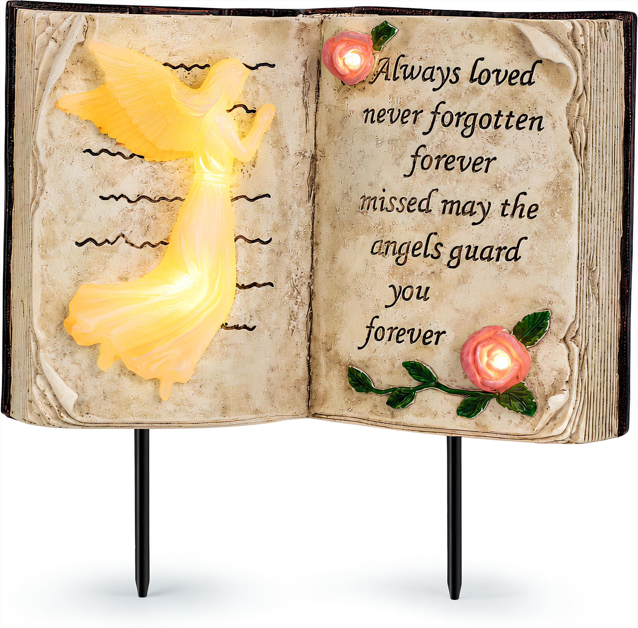 Solar Memorial Garden Lights, Angel Book Statue with Warm LED Glow, Weather-Resistant Outdoor Cemetery Decorations with 2 Removable Stakes, Sympathy Gifts for Loss of Loved One, Garden Yard Decor