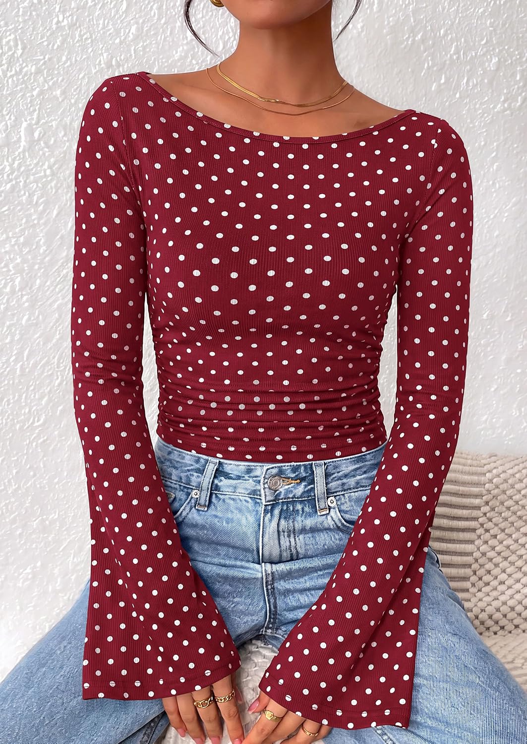  Womens Bell Long Sleeve Ribbed Knit Tops thumbnail