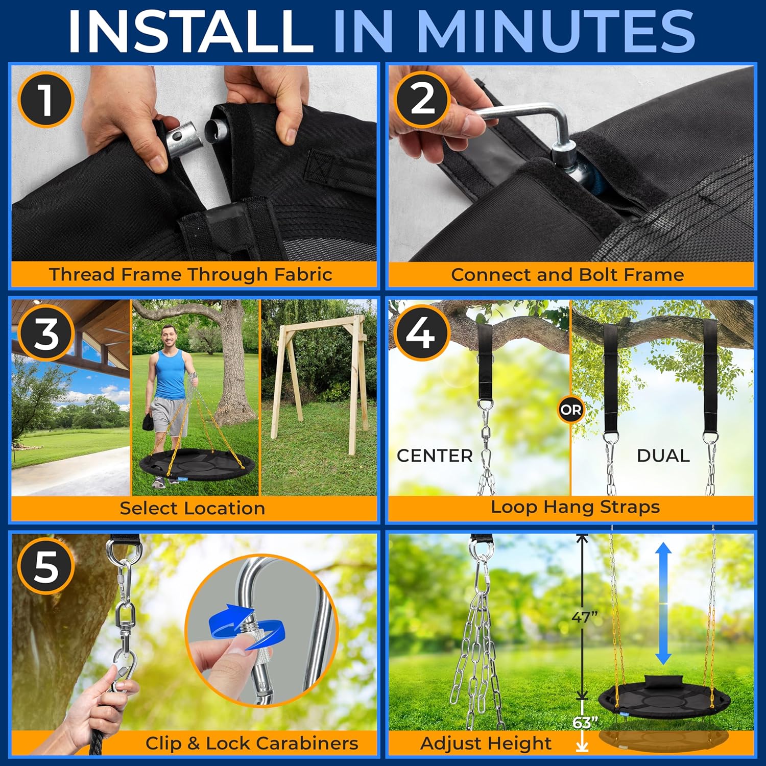 SereneLife 40" Saucer Swing - Outdoor Swing Set with Heavy-Duty Chains & Hanging Kit, Swinging Seat Spinner with Pillow & Carry Bag, Weatherproof, Water-Resistant, Supports Up to 700 lbs, Black