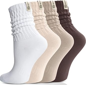 Scrunch Cotton Socks, Slouch Calf Thin Socks for Women and Men | Premium Cotton, Breathable Soft, Flexible Fit, Stretchy Cuff, Seamless Toe, 4 Pairs