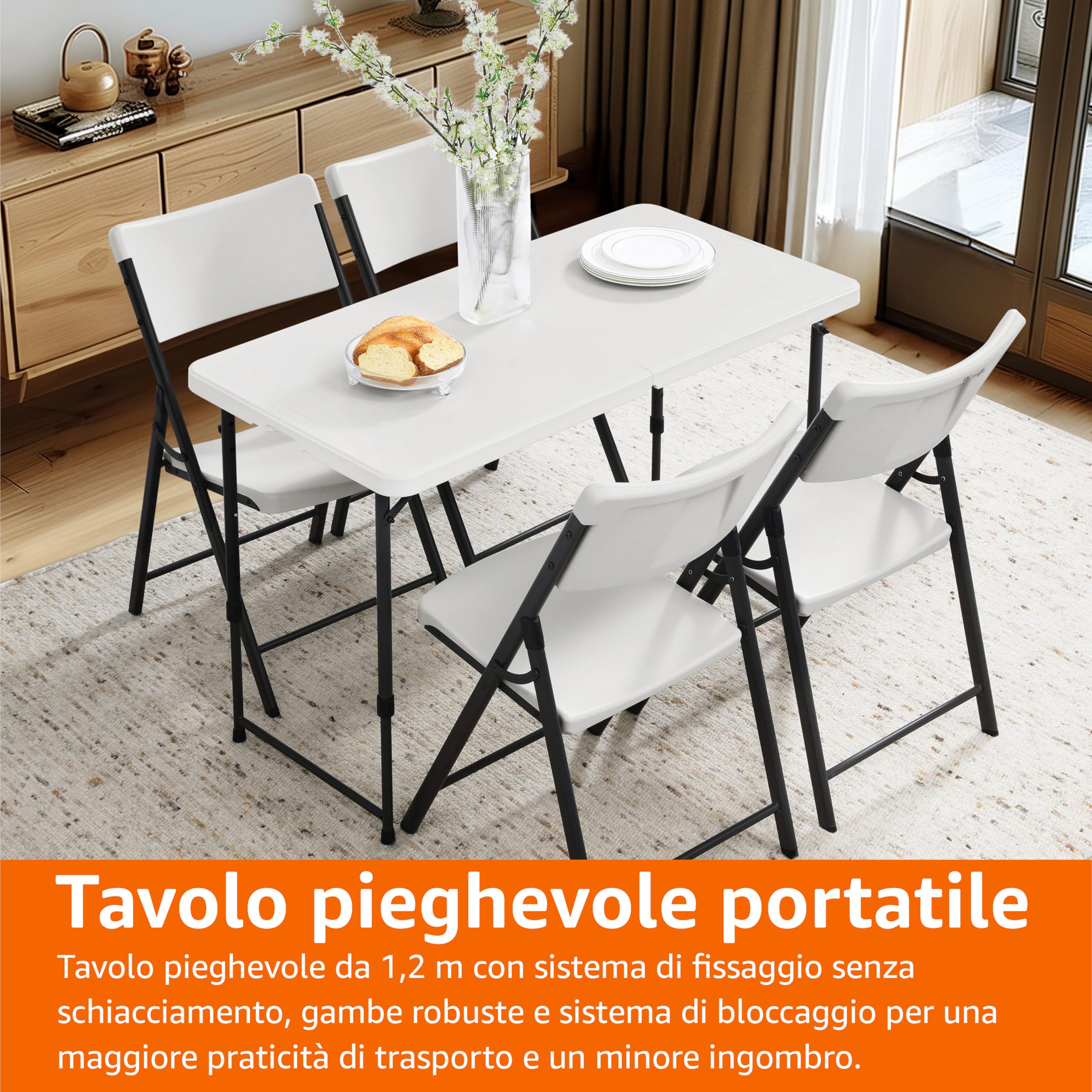 Amazon Basics Tavolo pieghevole rettangolare, 1,2 m, 4 regolazioni di altezza, portatile, con maniglia, per interni ed esterni, leggero, da viaggio, picnic, campeggio, bianco, 121,4 x 60,7 x 86,1 cm