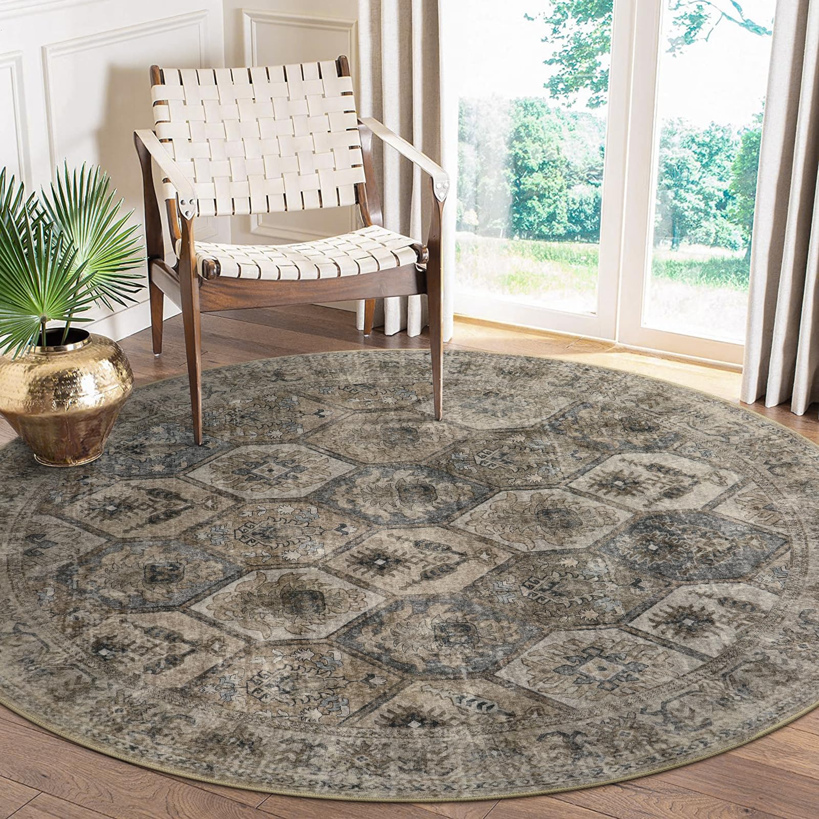 Lahome Round Rugs 6ft Circle Rug for Living Room Washable Rugs for Living Room, Large Moroccan Vintage Soft Non Slip Throw Area Rug Indoor Carpet for Bedroom Kitchen Office,Antique/Moss