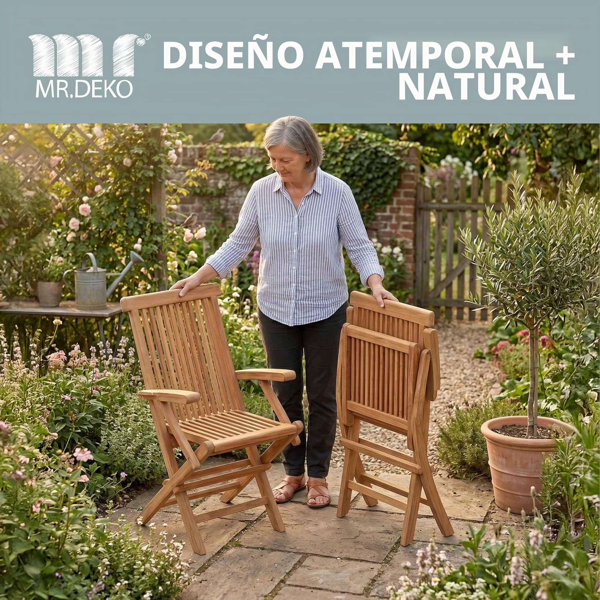 MR. DEKO Silla de Jardín Madera Teca Maciza Andover | Sillón Plegable Exterior con Reposabrazos Resistente Intemperie | Silla Terraza Balcón Camping Diseño Ergonómico Clásico 60x53x89cm Natural