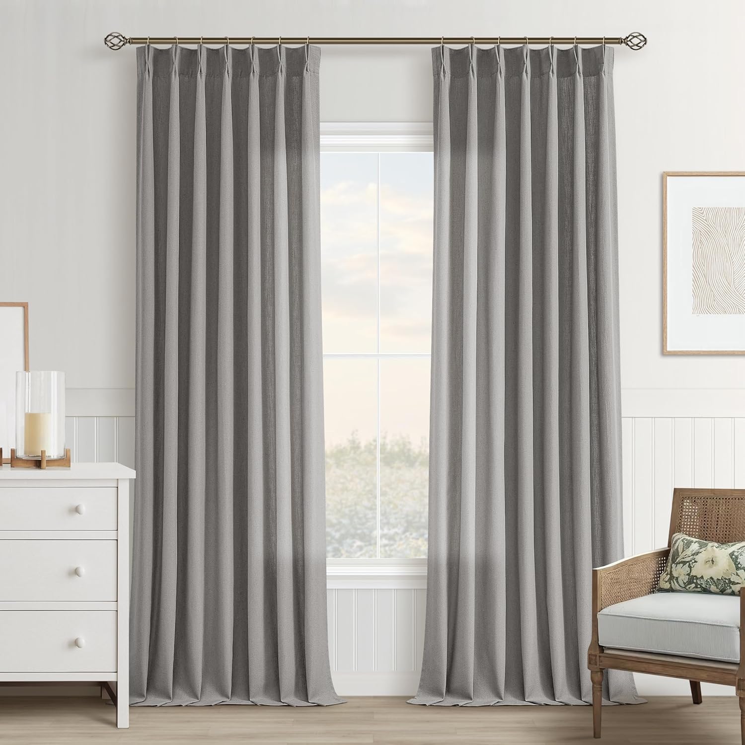 Grey Linen Curtains 96 Inches Long Memory Shape Trained Pinch Pleated Curtain for Living Room with Hooks Rings Back Tab Pinch Pleat Curtains 96 Inch Length for Boho Bedroom Dining Room Dove Gray