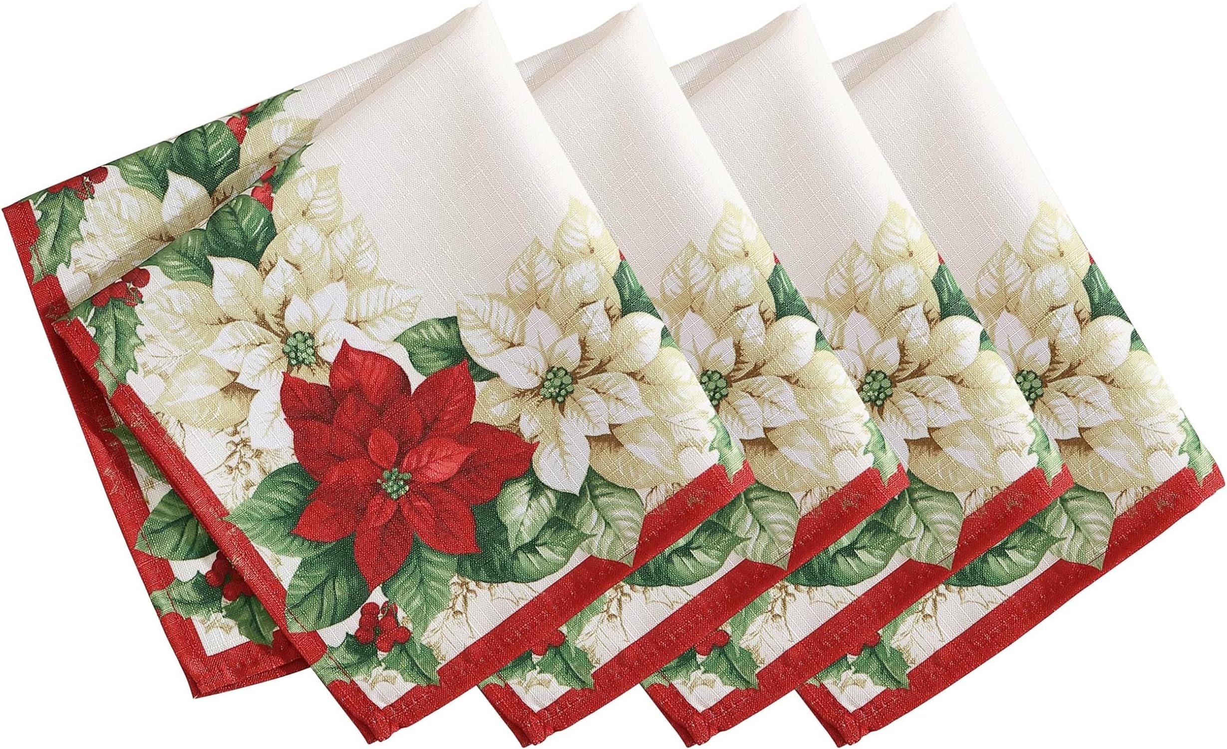 Home Fashions Red and White Poinsettia Holiday Fabric Dinner Napkins, 17 Inches x 17 Inches, Set of 4