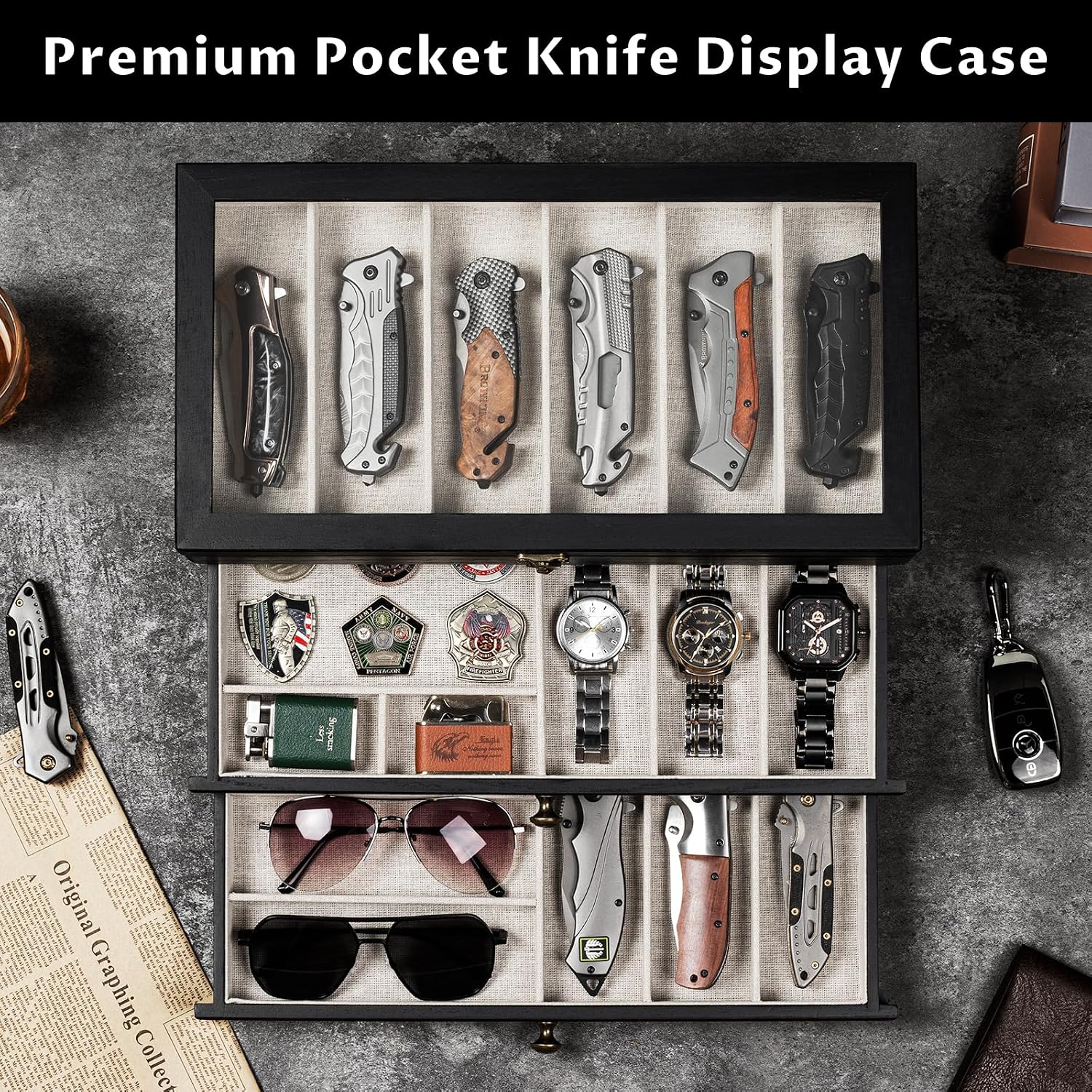 Knife Display Case, 3-Layer Pocket Knife Case Display & Storage Knives, Solid Wood Knife Case for Collections, Gift for Boyfriend Fathers Day Birthday Gifts(Black)