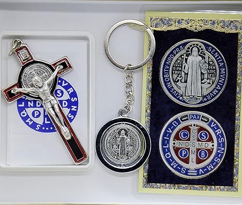 Miniatura 2 de Crucifijo Crucifijo de Cruz de San Benito 3" Chapado en Plata con Esmalte Rojo