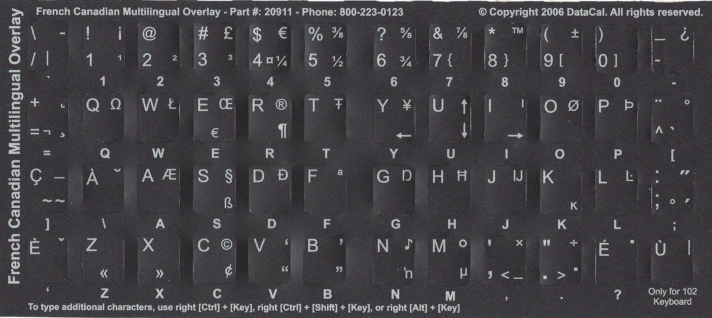 Black Non-Transparent Canadian-French Multilingual Characters Keyboard Stickers Labels Overlays - QWERTY -