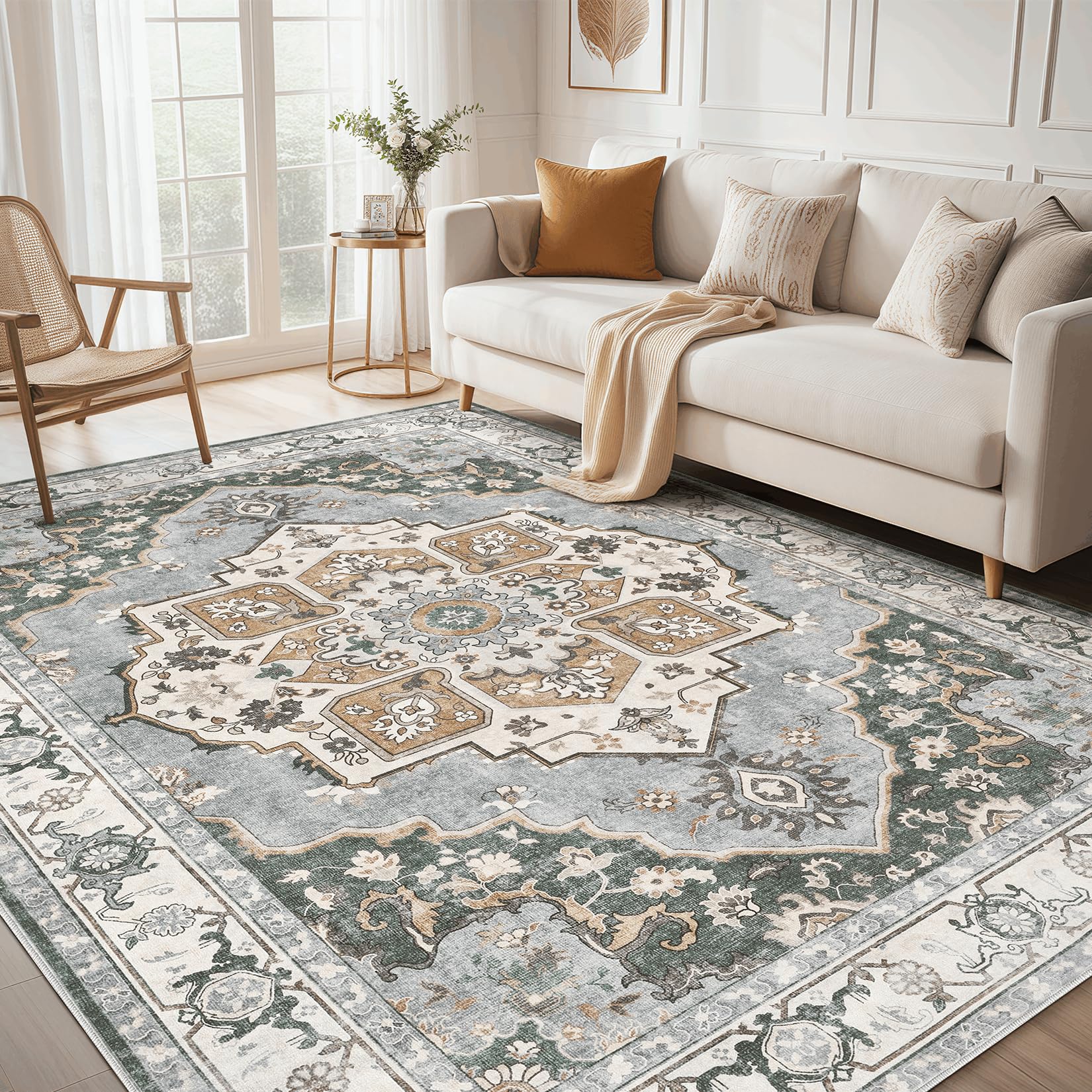 Micgeek 9x12 Washable Area Rug: Vintage Neutral Soft Non Slip Thin Large Floor Carpet for Living Room Bedroom Kitchen Dining Room Home Office