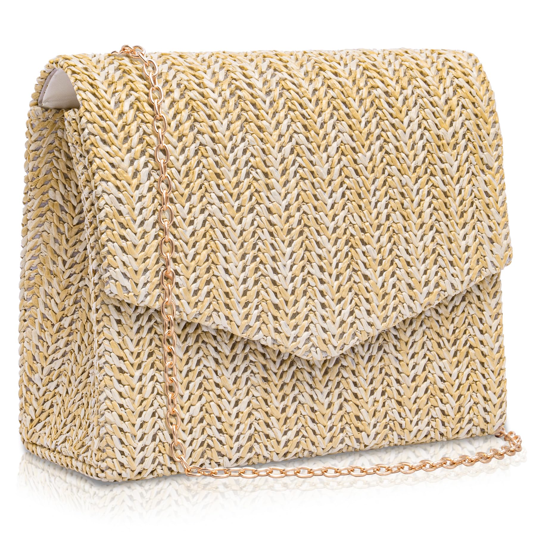 Larcenciel Pochettes et Clutches Femme en Paille, Sac Paille Beige avec Chaîne, Sac à Main de Plage Bohèmes Tissées pour Party
