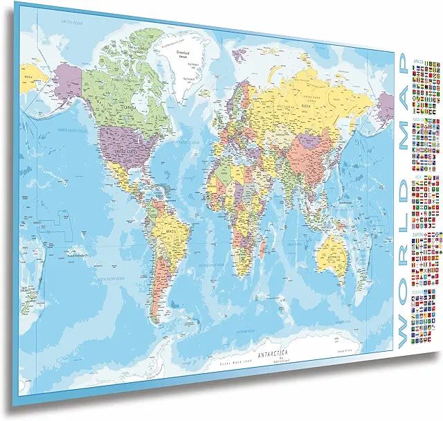 Carte du monde politique murale XL avec drapeaux - Décoration éducative 100x44 cm