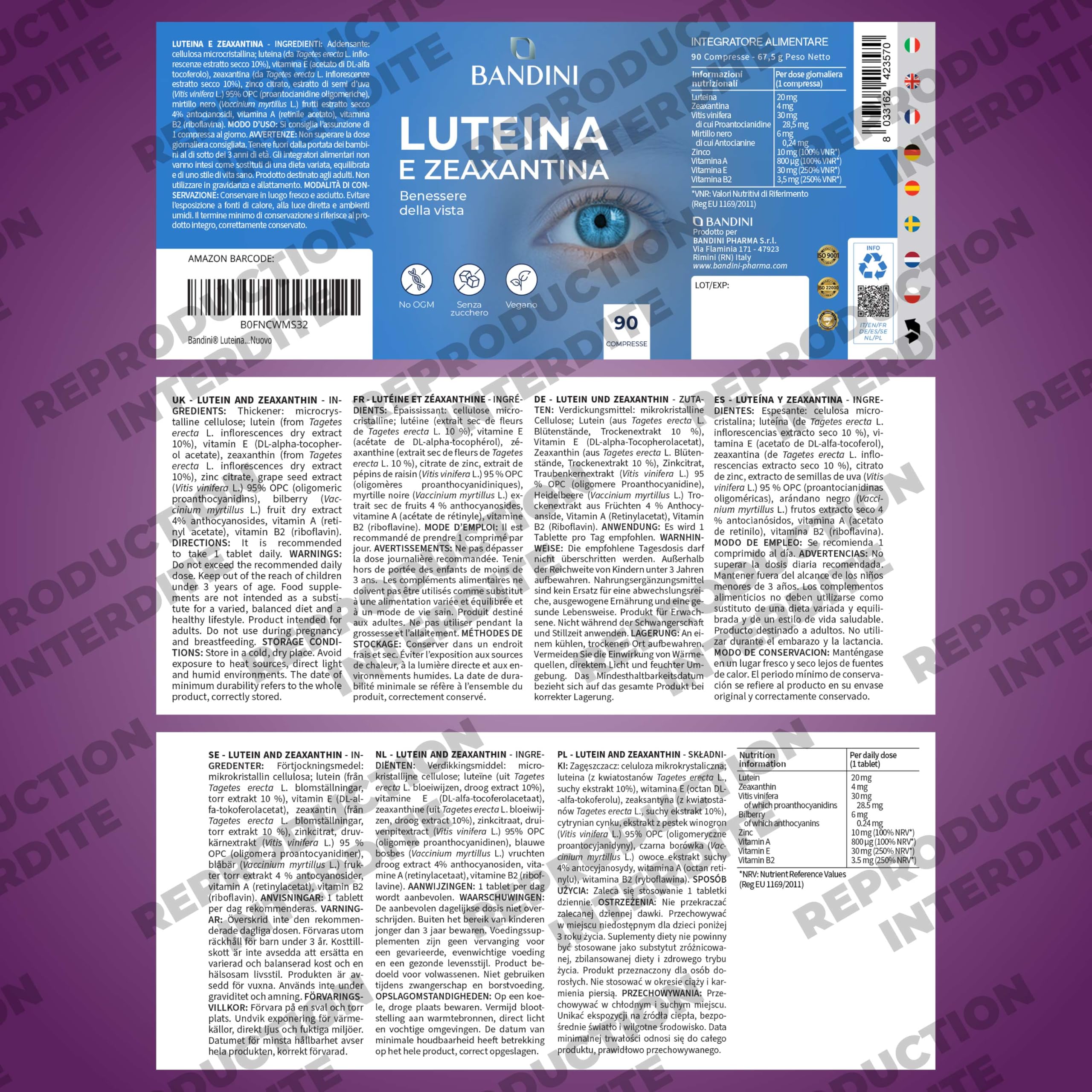 Bandini® Lutéine et Zéaxanthine à Haute Dose, Complément Antioxydant pour les Yeux avec Myrtille et Vigne Rouge, Zinc, Vitamines A, B2 et E – Soutien Naturel de la Vision – 90 Comprimés