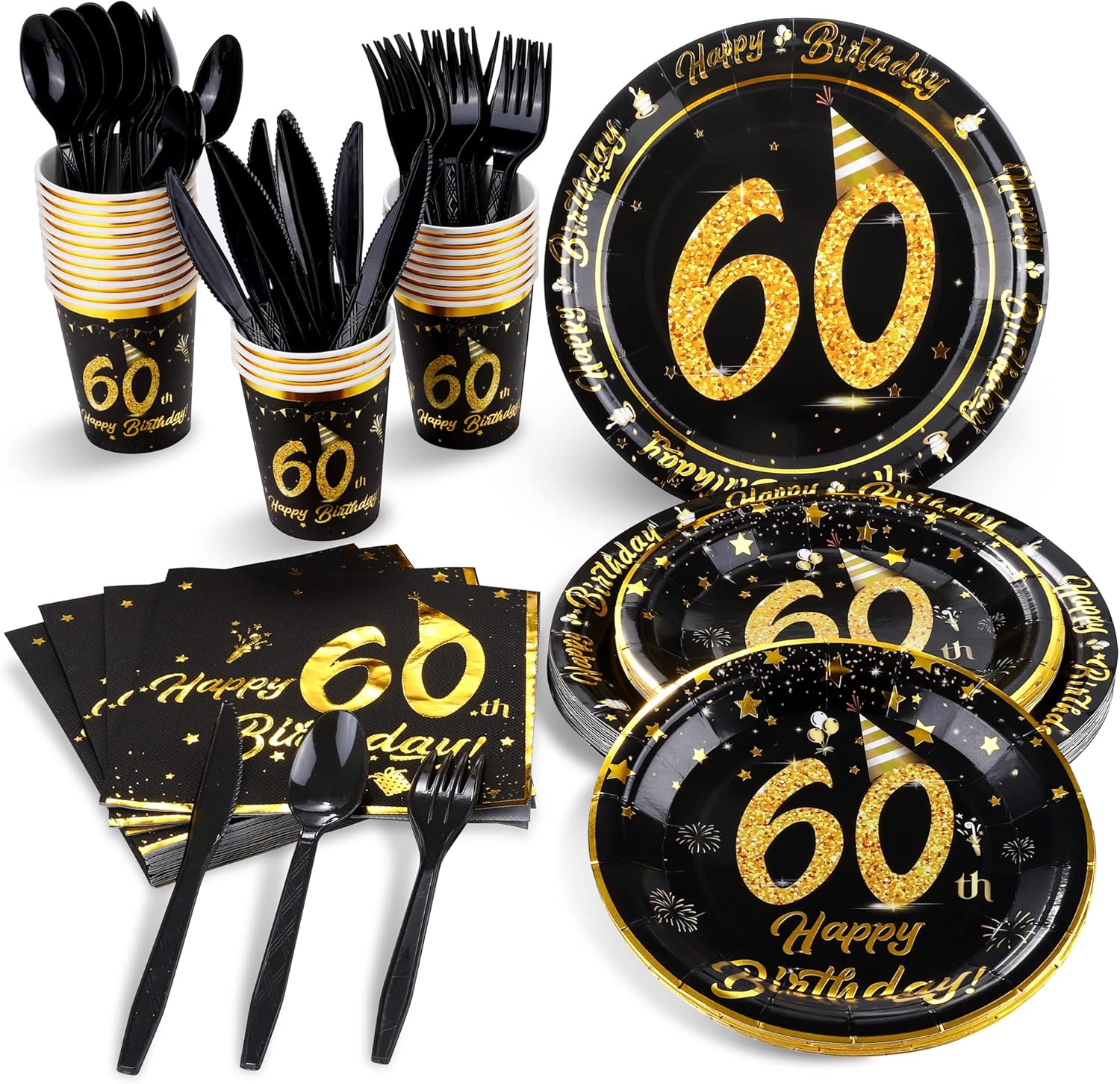 durony 60th Birthday Plates and Napkins Sets 60th Birthday Party Supplies Tableware Set Plates Cups Napkin Knife Spoon Fork for Birthday Wedding Anniversary Party Decor, Serve 24 Guests : Home & Kitchen