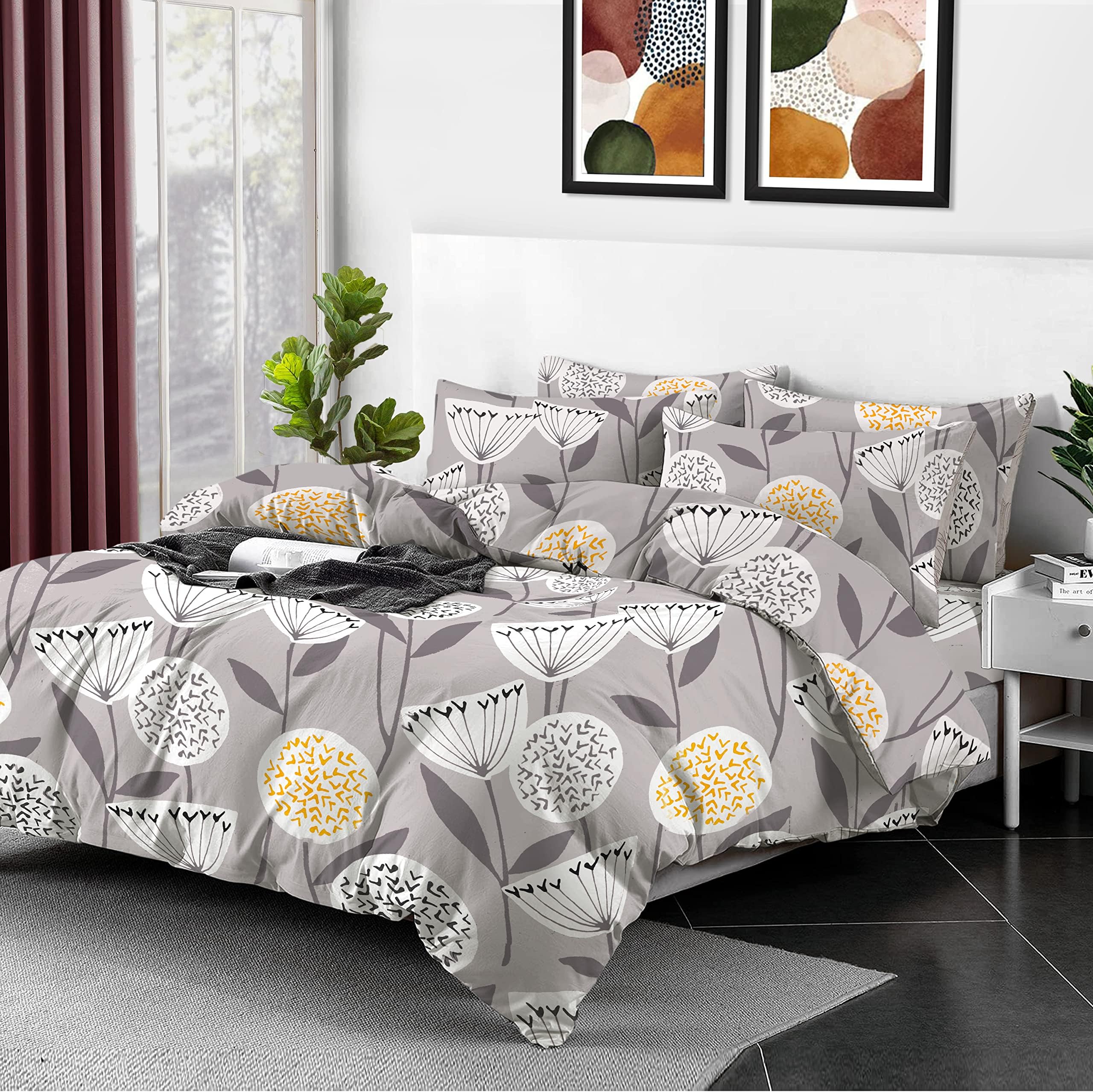 Cotton Comfort Bedding & Linen 3PCS King Size Duvet Cover Set 100% Egyptian Cotton Bedding King Size Bed Set 400 Thread Count Floral Printed Floral Grey Duvet Cover King with Pillow Cases 2 Pack