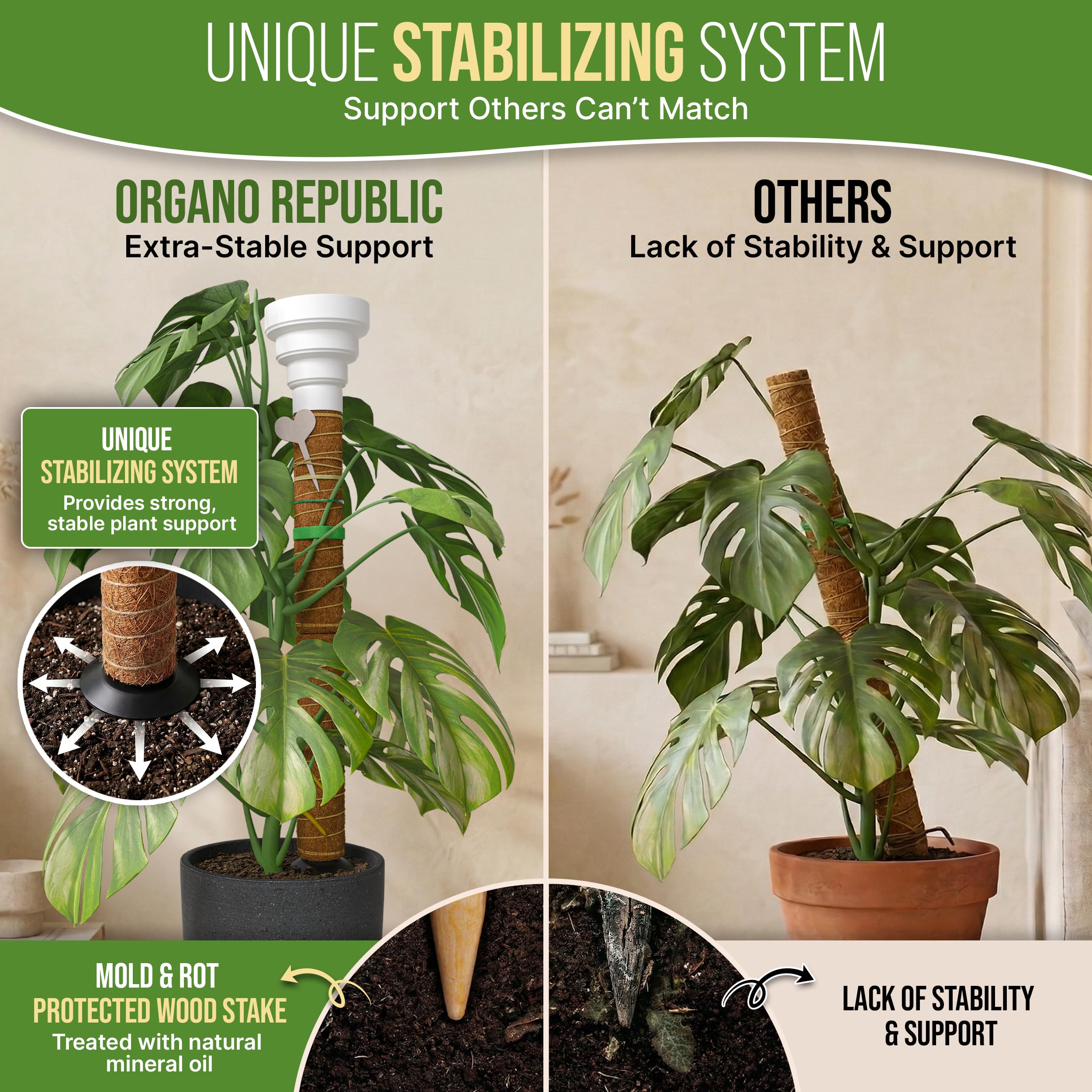 Organo Republic Paletti di supporto per piante Monstera in muschio, 2 x 26,4 o 123,7 cm, unico, autoirrigante, estensibile, in fibra di cocco per piante rampicanti, per piante in vaso da interni