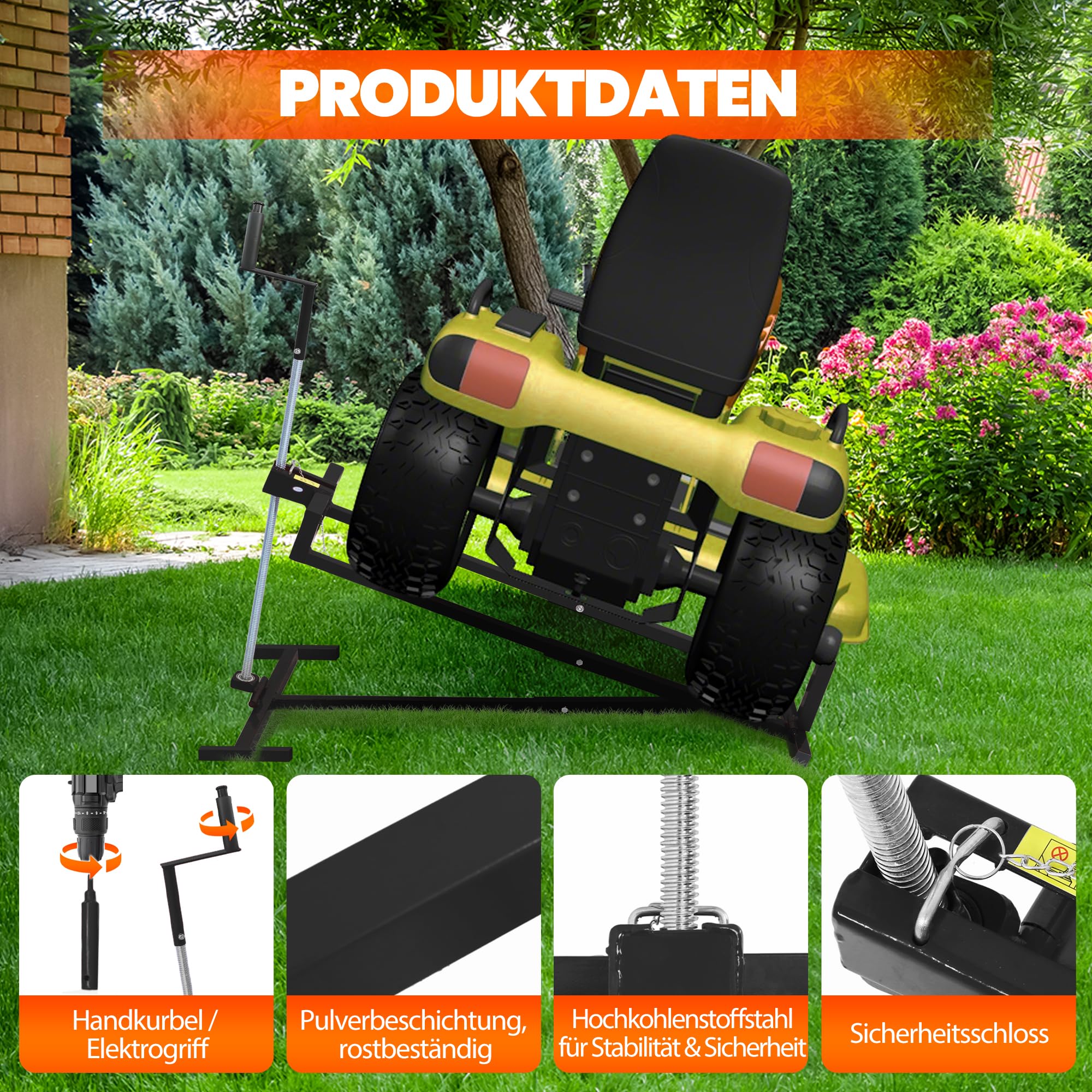 Rasentraktorheber, faltbare Schwerlast-Hebebühne aus Stahl für Rasenmäher, 400 kg Hubkraft, teleskopierbarer Wartungswagen mit Griff für manuellen und Elektrowerkzeug-Einsatz (Schwarz)