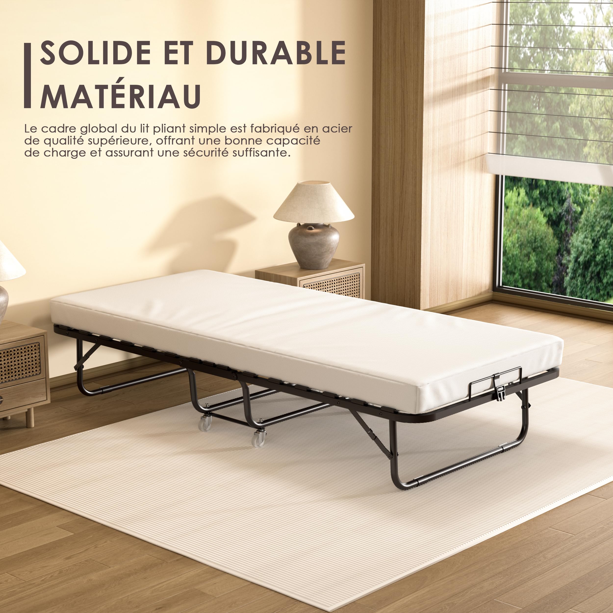 DEWINNER Lit Pliant 80x190 cm avec Matelas de 10cm, Lit Pliable 1 Personne Adulte pour Cadre de lit en sommier 80x190，Certification RoHS & Pro 65, 4 roulettes, Facile à Transporter et 2 Min Assembler