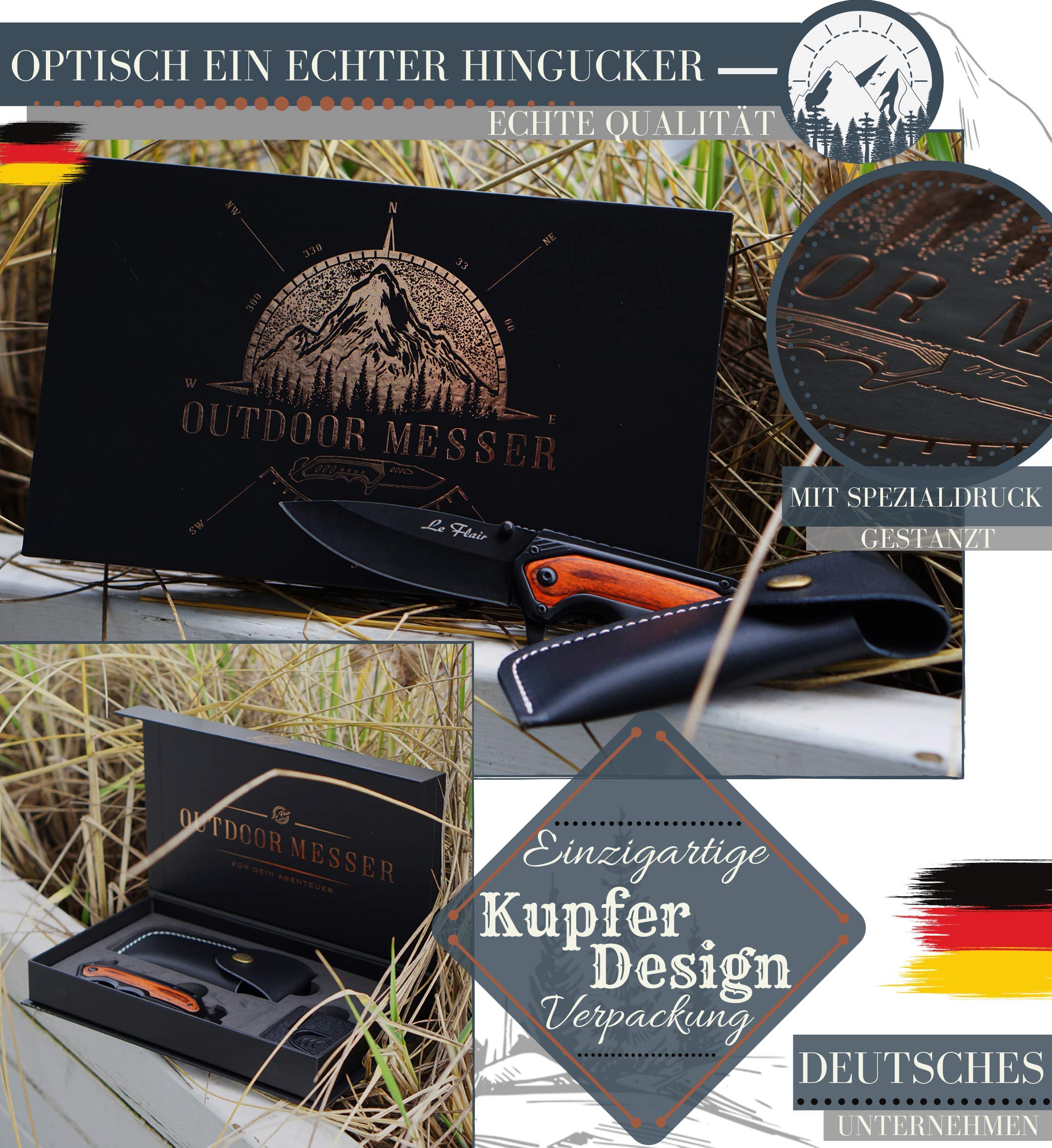 Le Flair® Outdoor Messer - Einhandmesser Taschenmesser mit 8,5cm Edelstahl Titanklinge - Survivalmesser mit Korrosionsschutz - Bushcraft Messer inkl. Messerschärfer und Magnetbox - Klappmesser