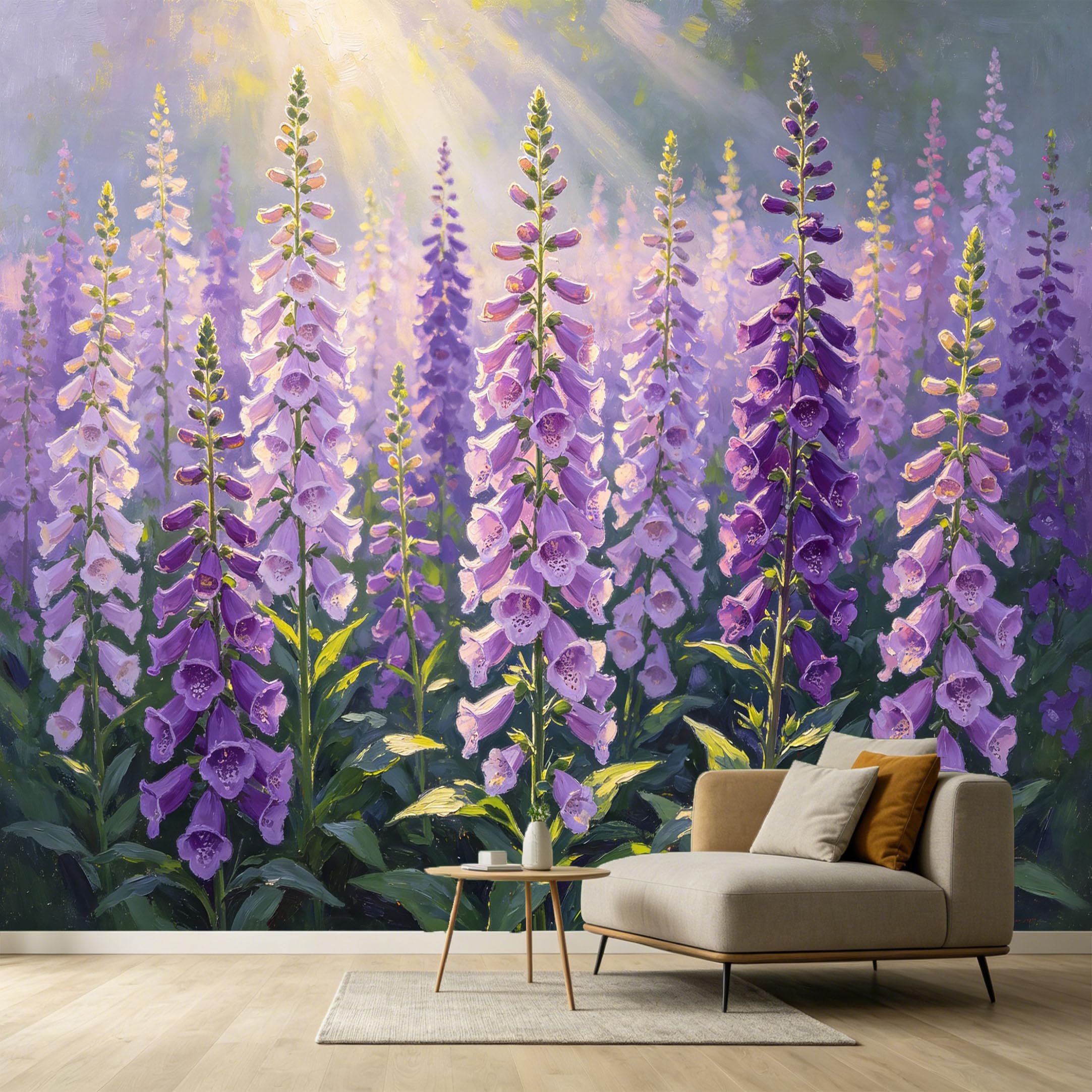 Custom Size Wall Murals Purple Foxglove Flowers Botanical Oil Painting Sunlight Beam SelfAdhesive Wall Fabric Removable Large Wallpaper for Photo Living Room