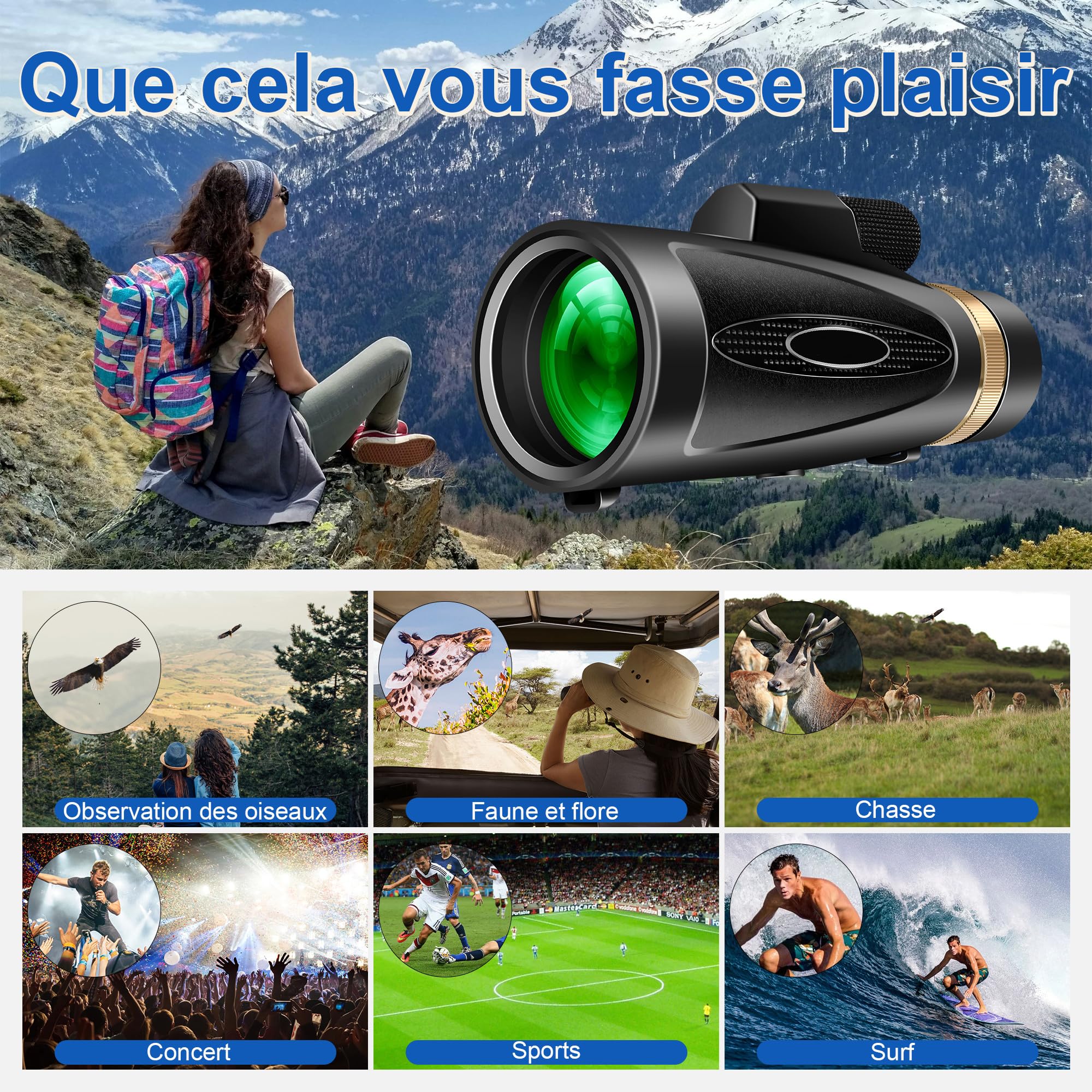 Telescope Monoculaire 30X60 Télescope Monoculaires Longue vue tir sportif Puissante Telescope Monocular avec Trepied Compact Professionnel Zoom Optique pour Smartphone Adultes Observation des oiseaux