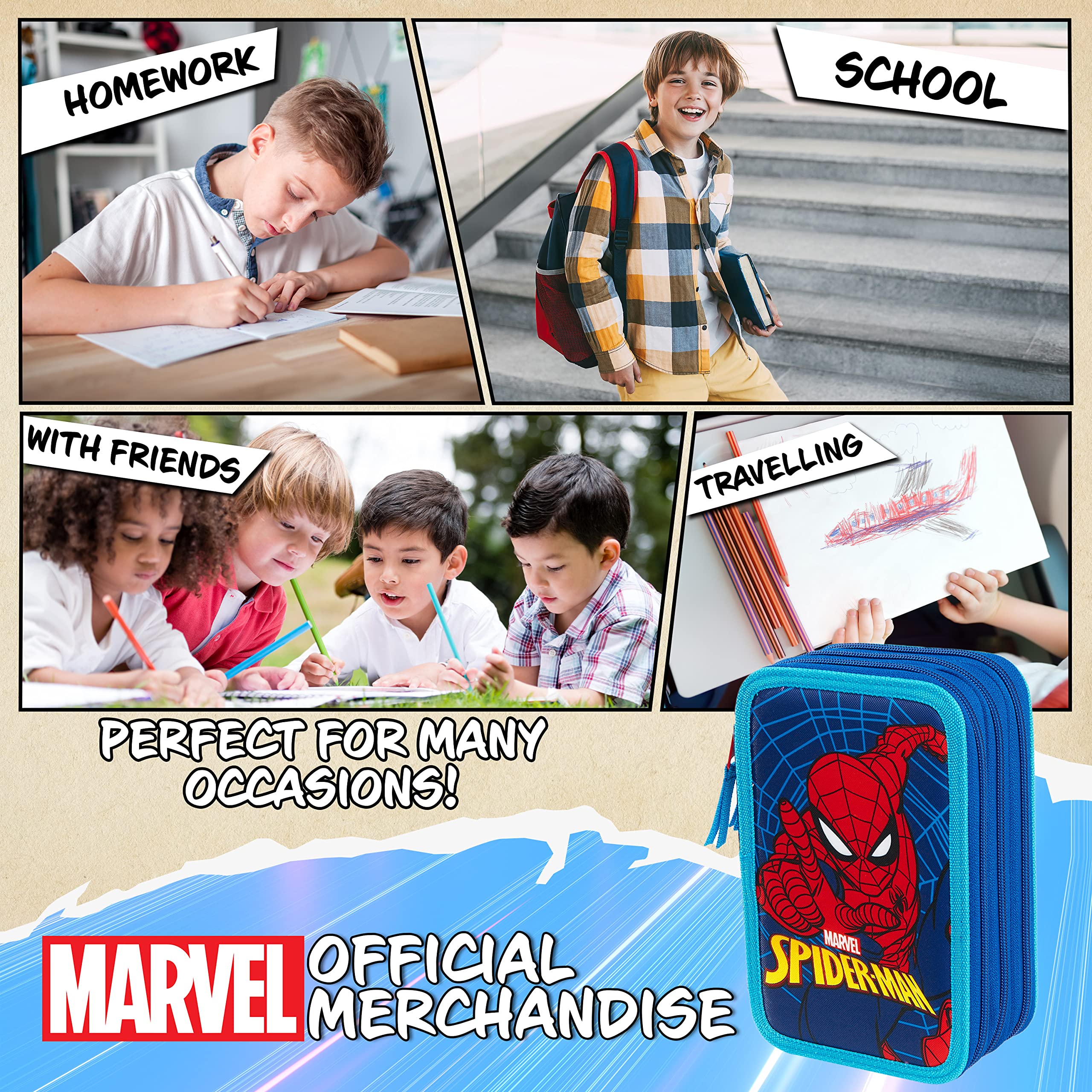 Marvel Astuccio Scuola Porta Penne Completo di Set Cancelleria Astuccio 3 Scomparti Bambino e 2 Scomparti Gadget Spiderman Avengers Ufficiale Regalo Back to School