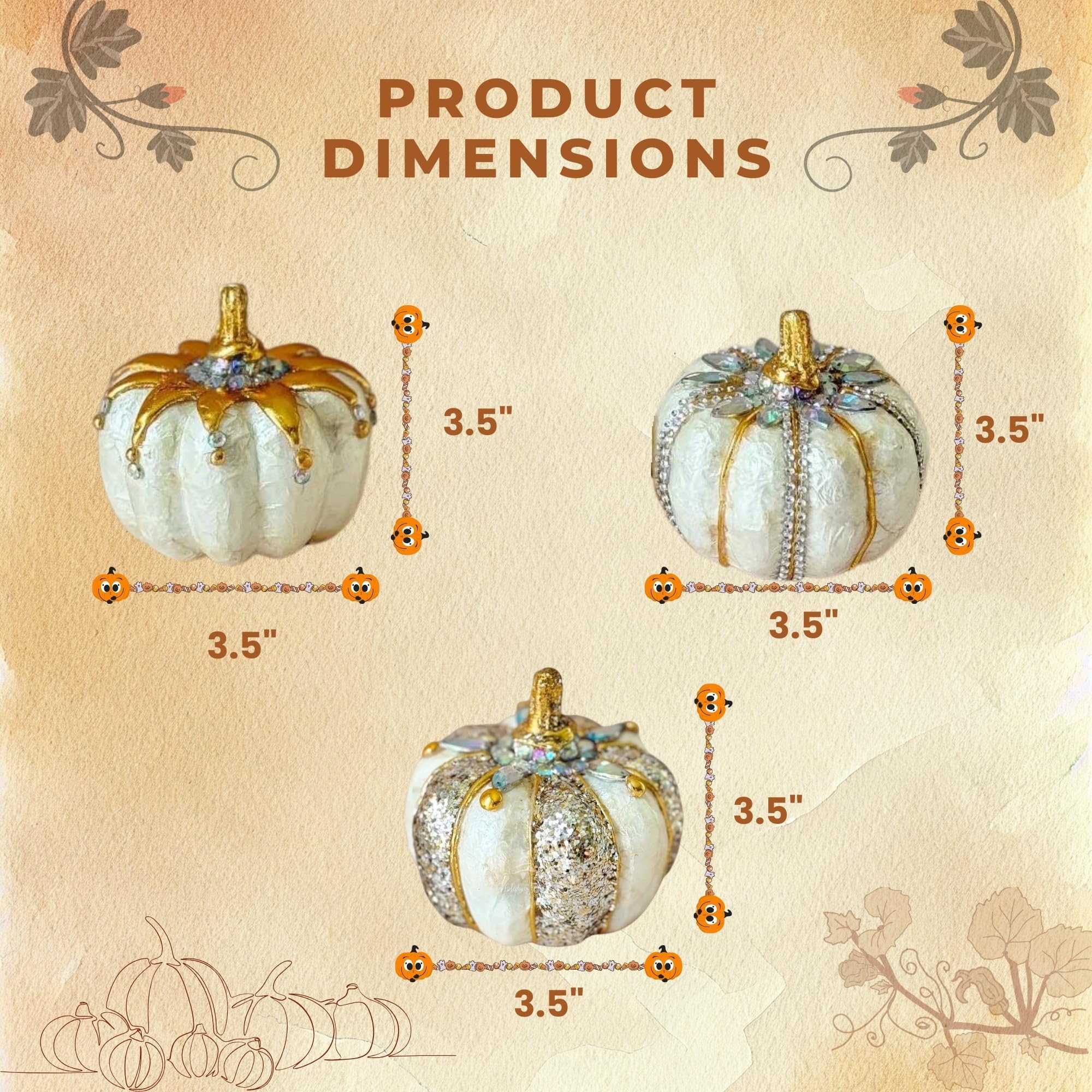 Holiday Tree Handcrafted Capiz Ivory Jeweled Mini Pumpkins (Set of 3) – Classic Fall Pumpkin Decor for Gatherings, Thanksgiving Feasts or Thoughtful Gifts.(Mixed Set)