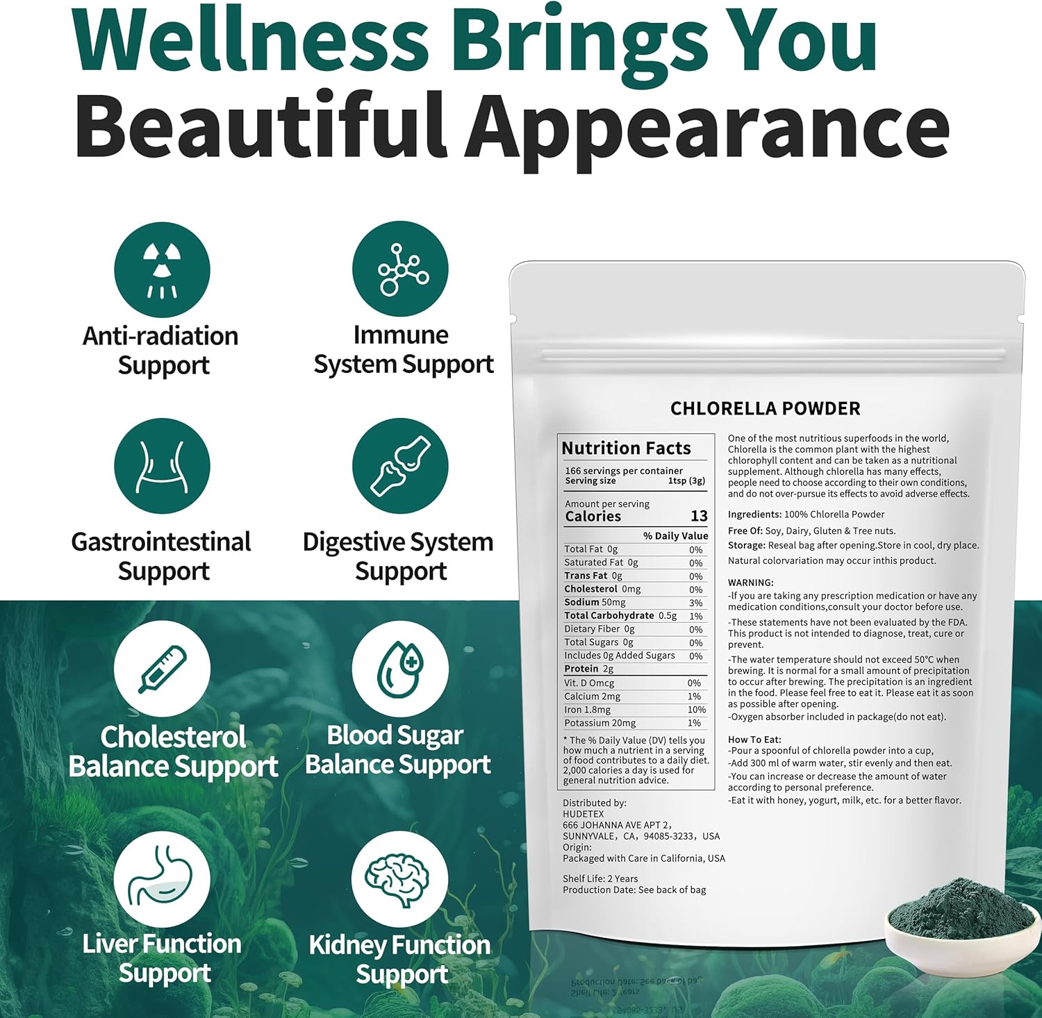 Chlorella Powder Natural with 18 oz - Chlorophyll Powder, Supports Immune System & Liver Function, Keep Youth, Vegan, Rich in Vegan Protein and Vitamins.