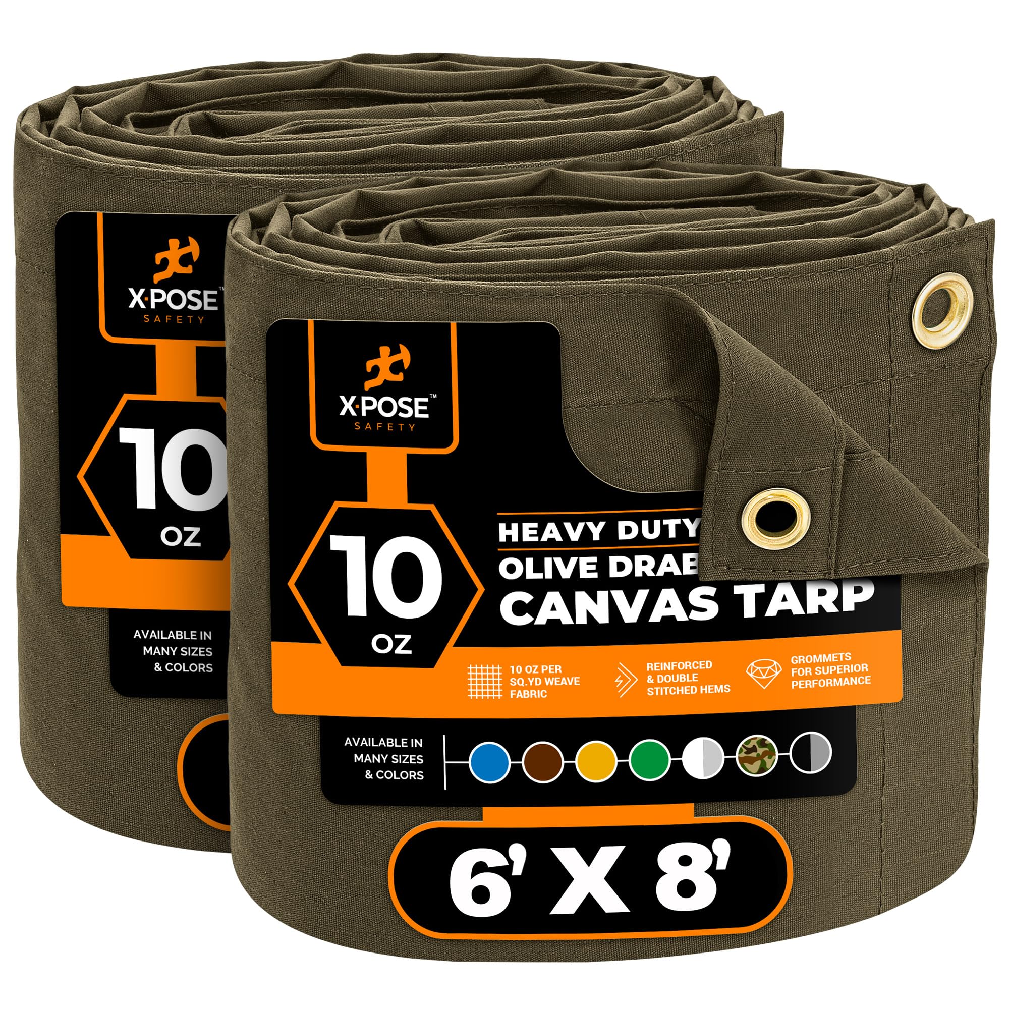 Xpose Safety Canvas Tarp - 10oz Olive Drab Canvas Tarps Heavy Duty Water Resistant with Brass Grommets- Multipurpose Outdoor Tarpaulin for Camping, Canopy, Trailer, Equipment Cover 6' x 8' (2 Pack)