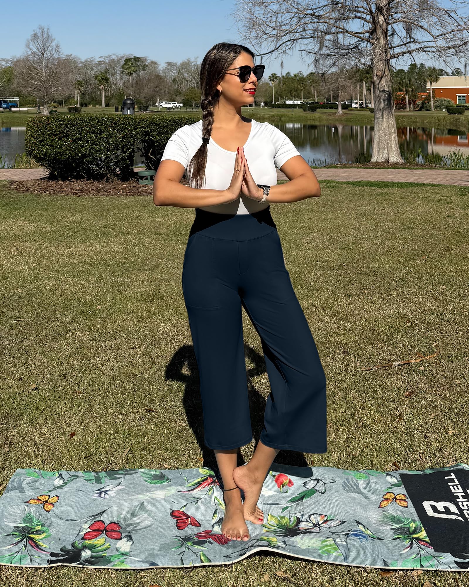G4Free 3/4 Hose Damen Mit Taschen Weites Bein Yogahose Hohe Taille | Caprihose Damen Sommer Für Arbeit Sport Petite/Regular/Tall