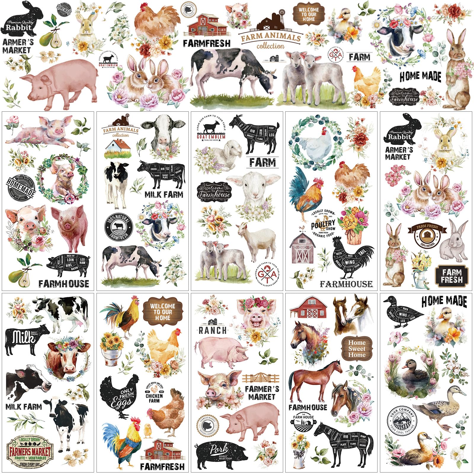 Lincia 10 Sheets Rub on Transfers for Crafts and Furniture Rub on Transfers Stickers Festive Floral Vintage Decals for Fabric Planner DIY Craft Wood Home 5.91 x 11.81 Inch (Watercolor Farm)