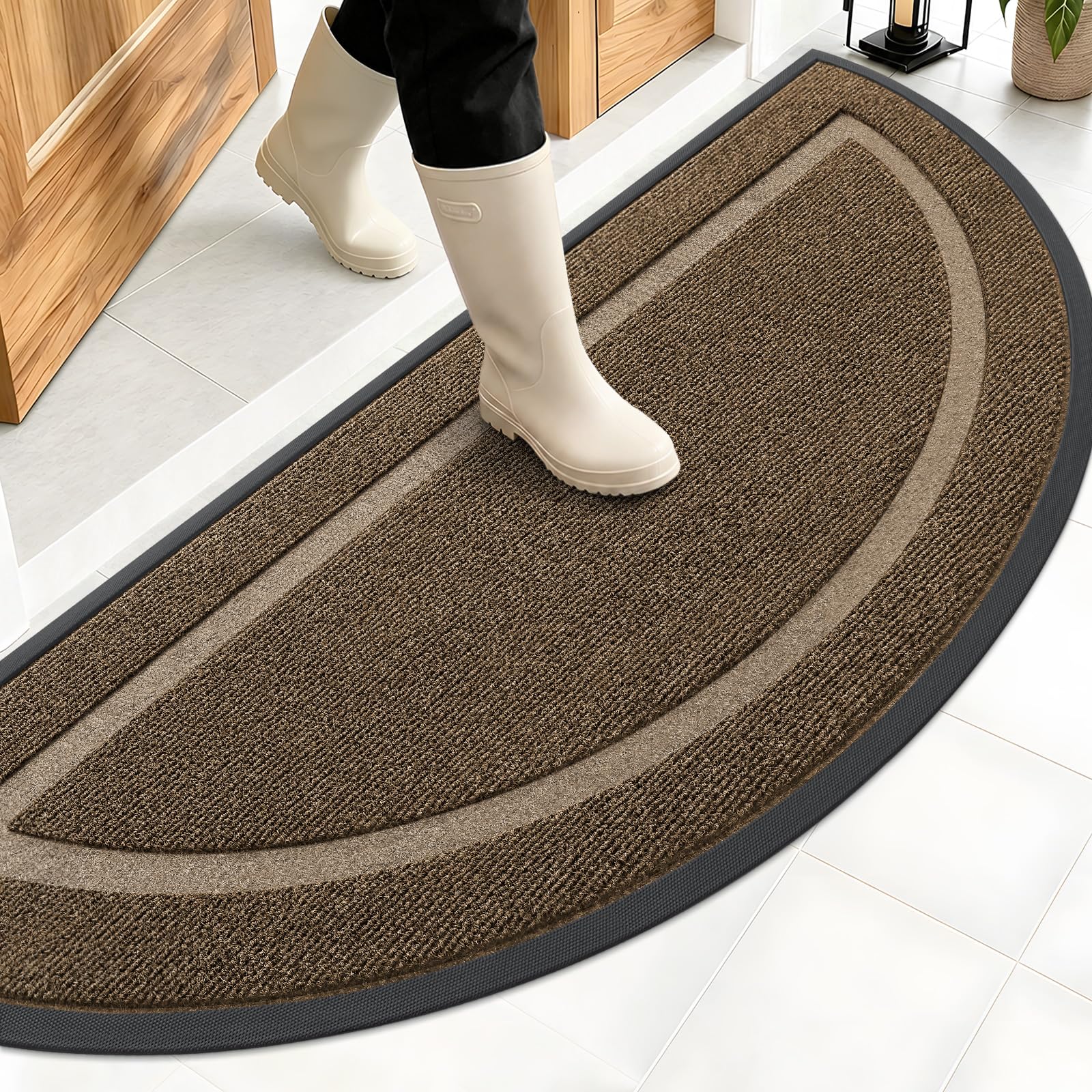 OLANLY Half Circle Front Door Mat Outside 59x23 All-Season Rubber Doormat | Brown, Absorbent, Heavy-Duty, Stain and Fade Resistant, Waterproof Non-Slip Backing, Low-Profile Indoor Outdoor Entryway Mat