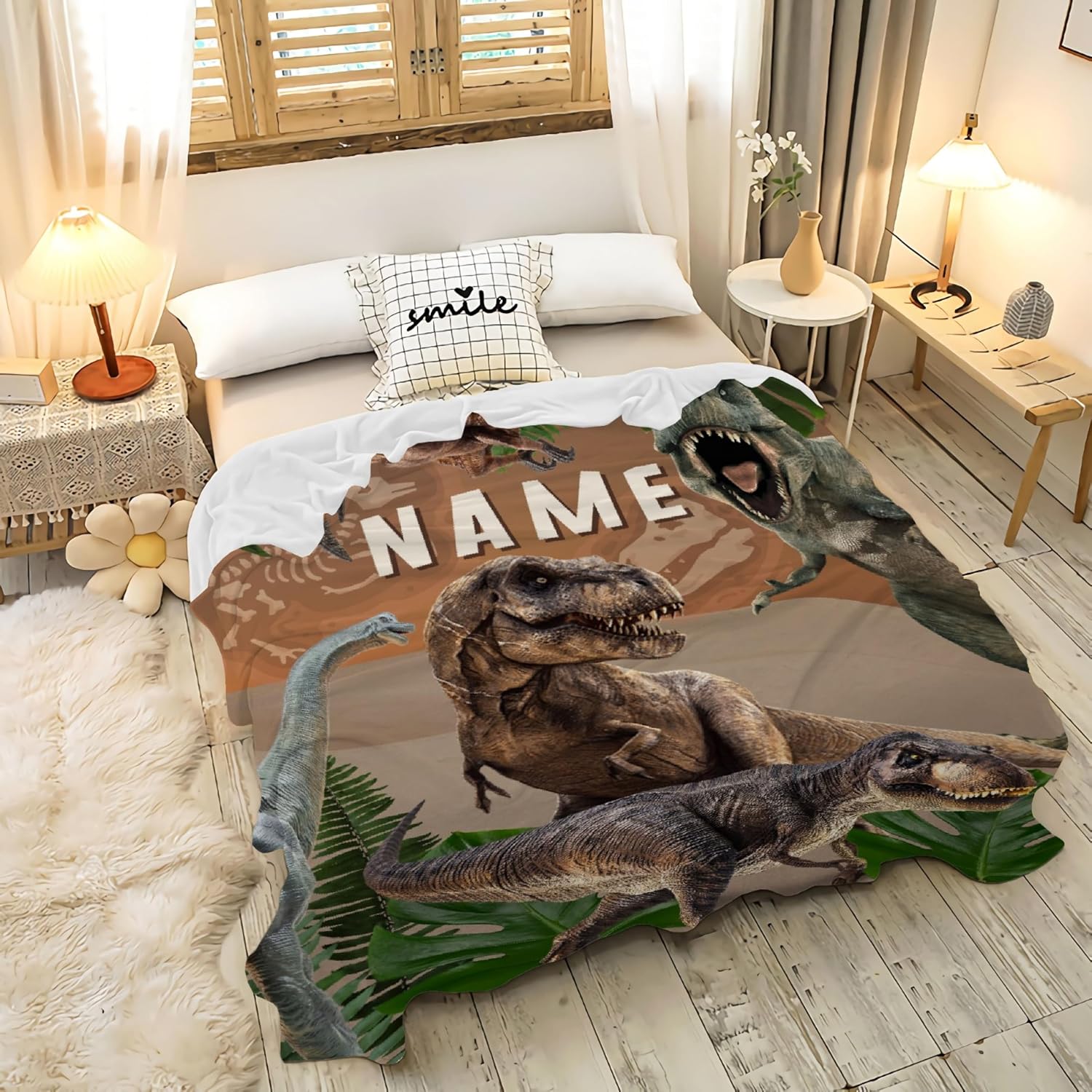 Personalized Dinosaur Fleece Flannel Blanket with Name for Girls Boys Newborn Toddler Gifts Customized Receiving Nursery Swaddling Blanket Fleece Soft Nursery Decor 50''x 60'' for Teens